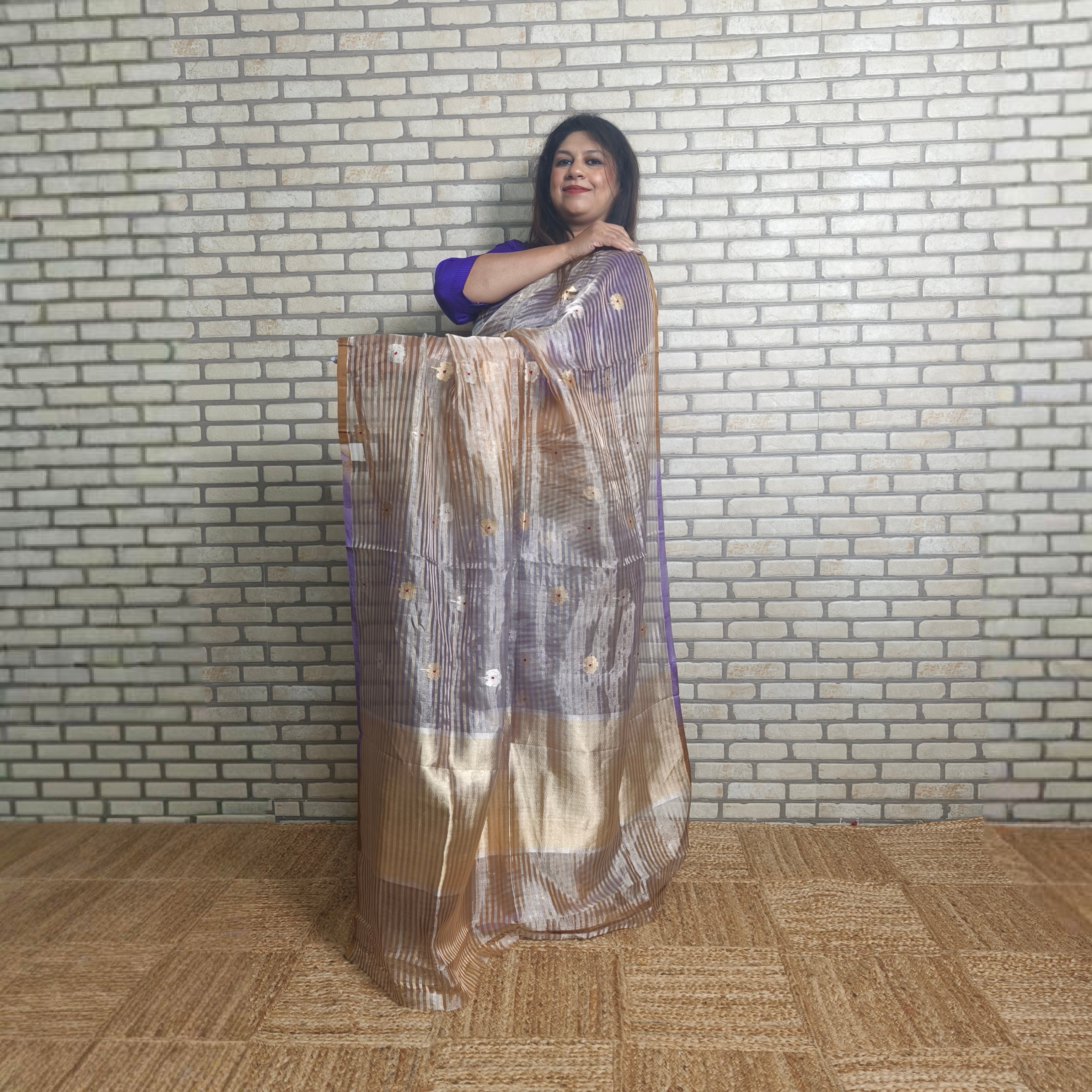 Purple and mustard pure silk tissue striped saree