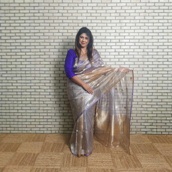 Purple and mustard pure silk tissue striped saree