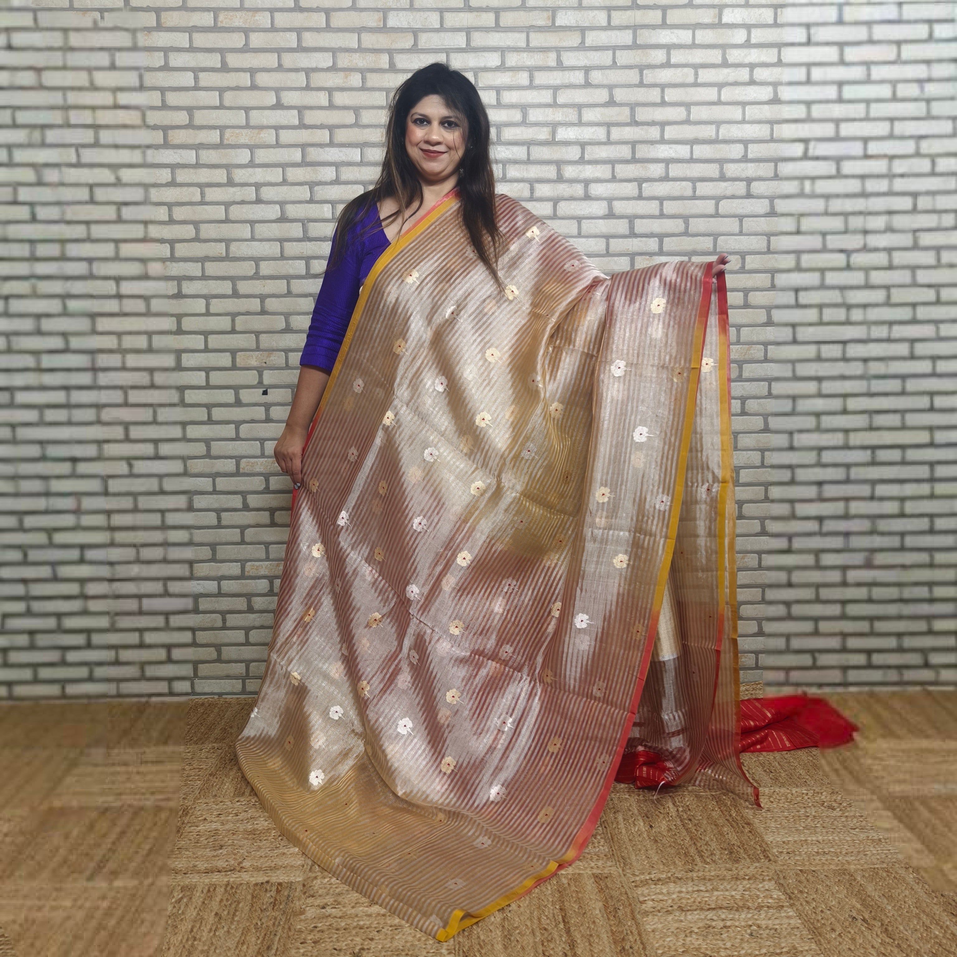 Red and yellow pure silk tissue saree with stripes