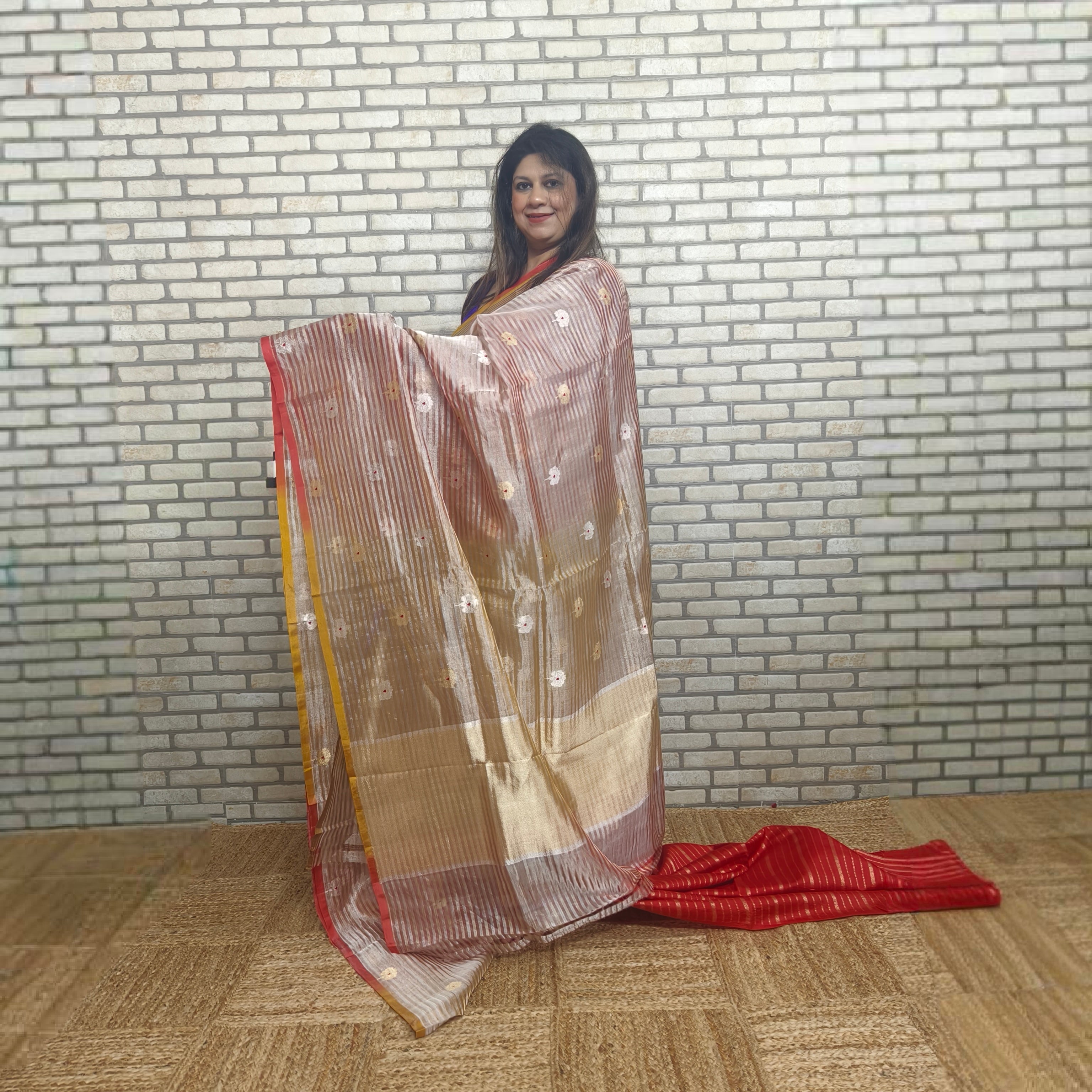 Red and yellow pure silk tissue saree with stripes