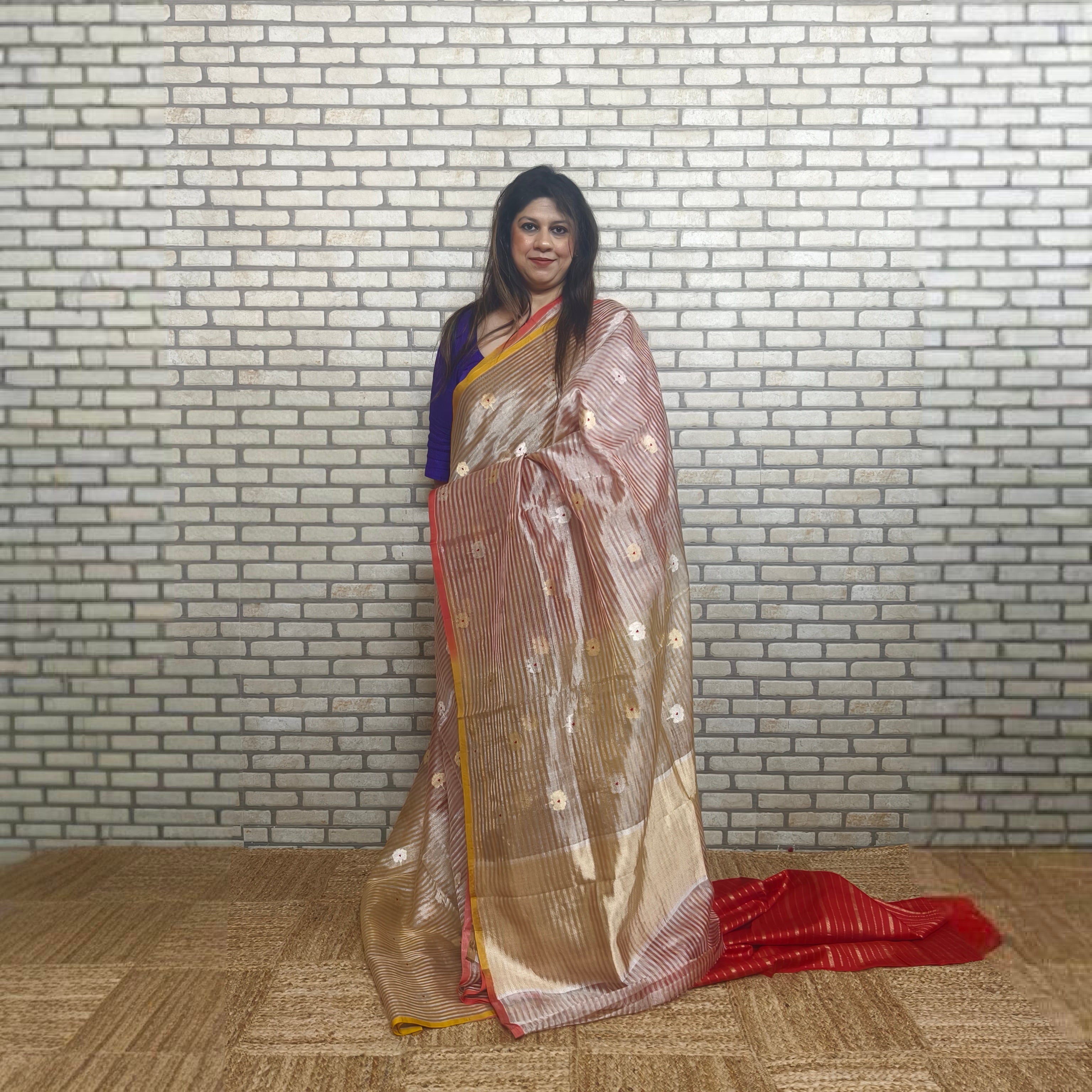 Red and yellow pure silk tissue saree with stripes