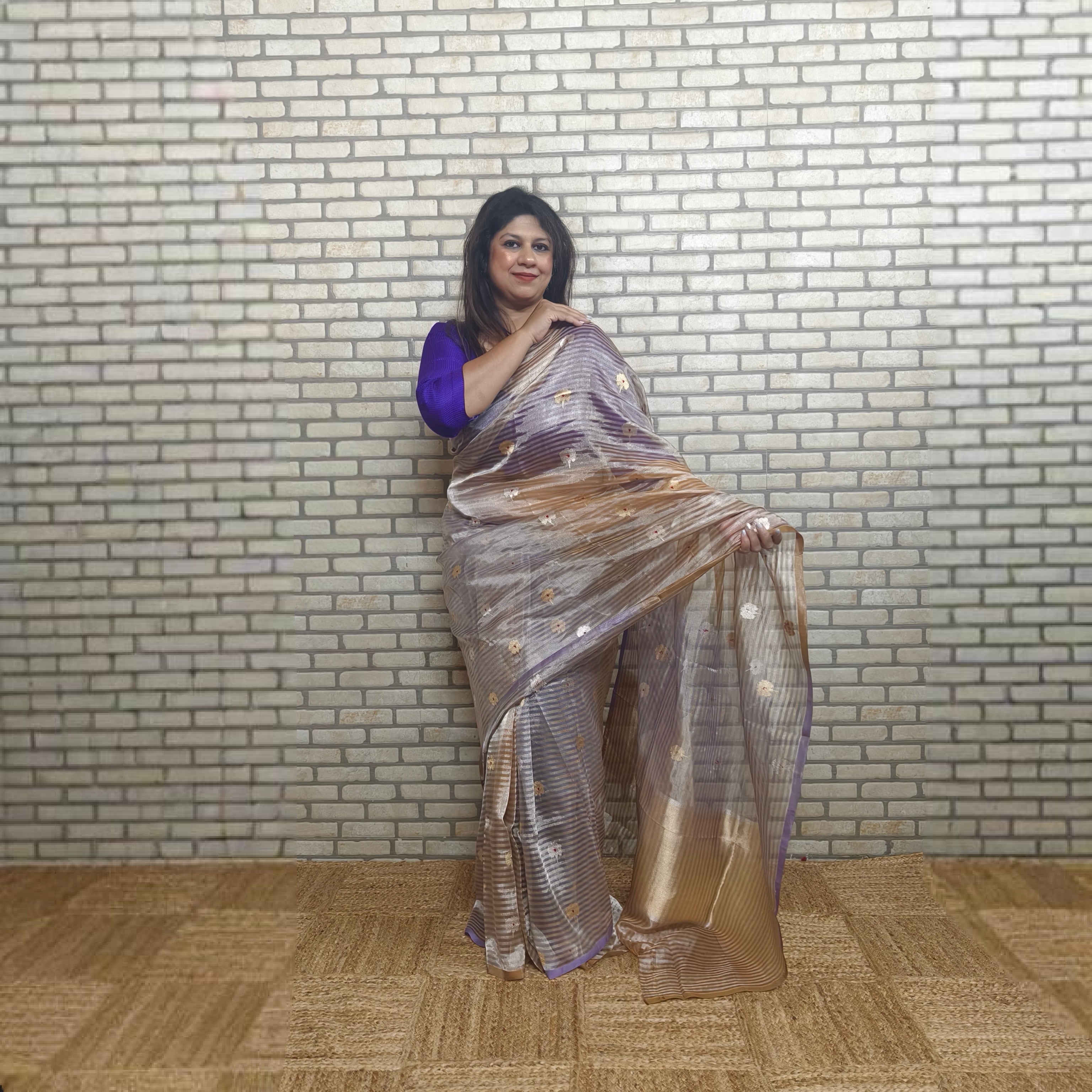 Purple and mustard pure silk tissue striped saree