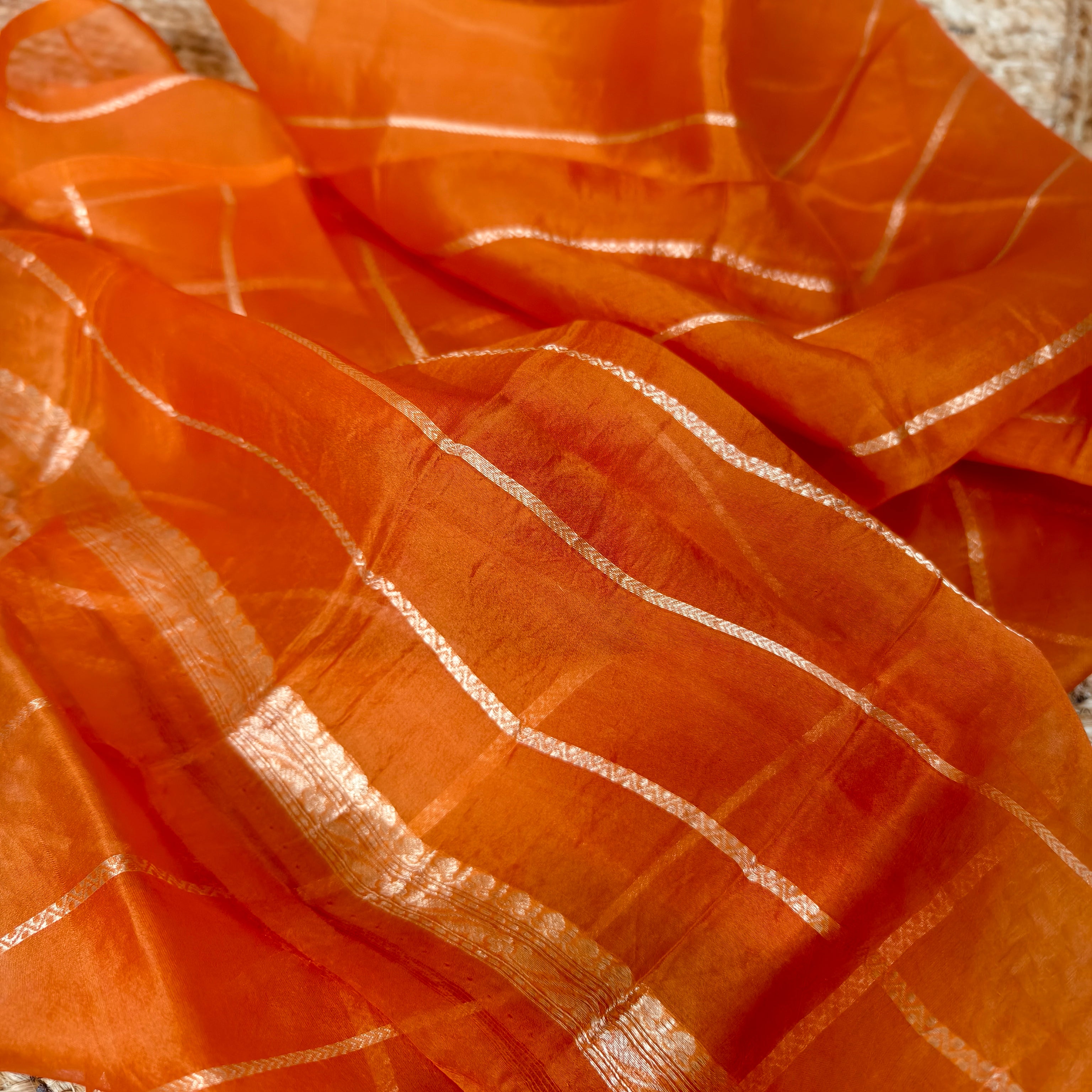 Beige Orange Arasi Dyed Silk Golden Butti Organza Saree