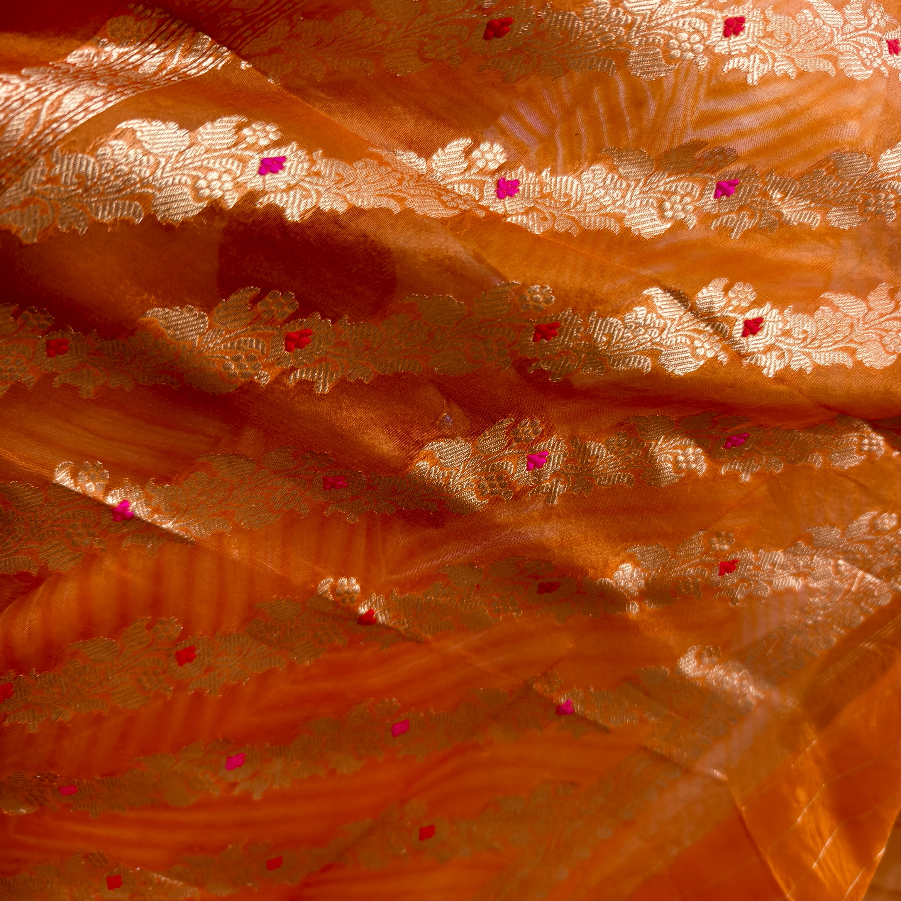 Beige Orange Arasi Dyed Silk Golden Butti Organza Saree
