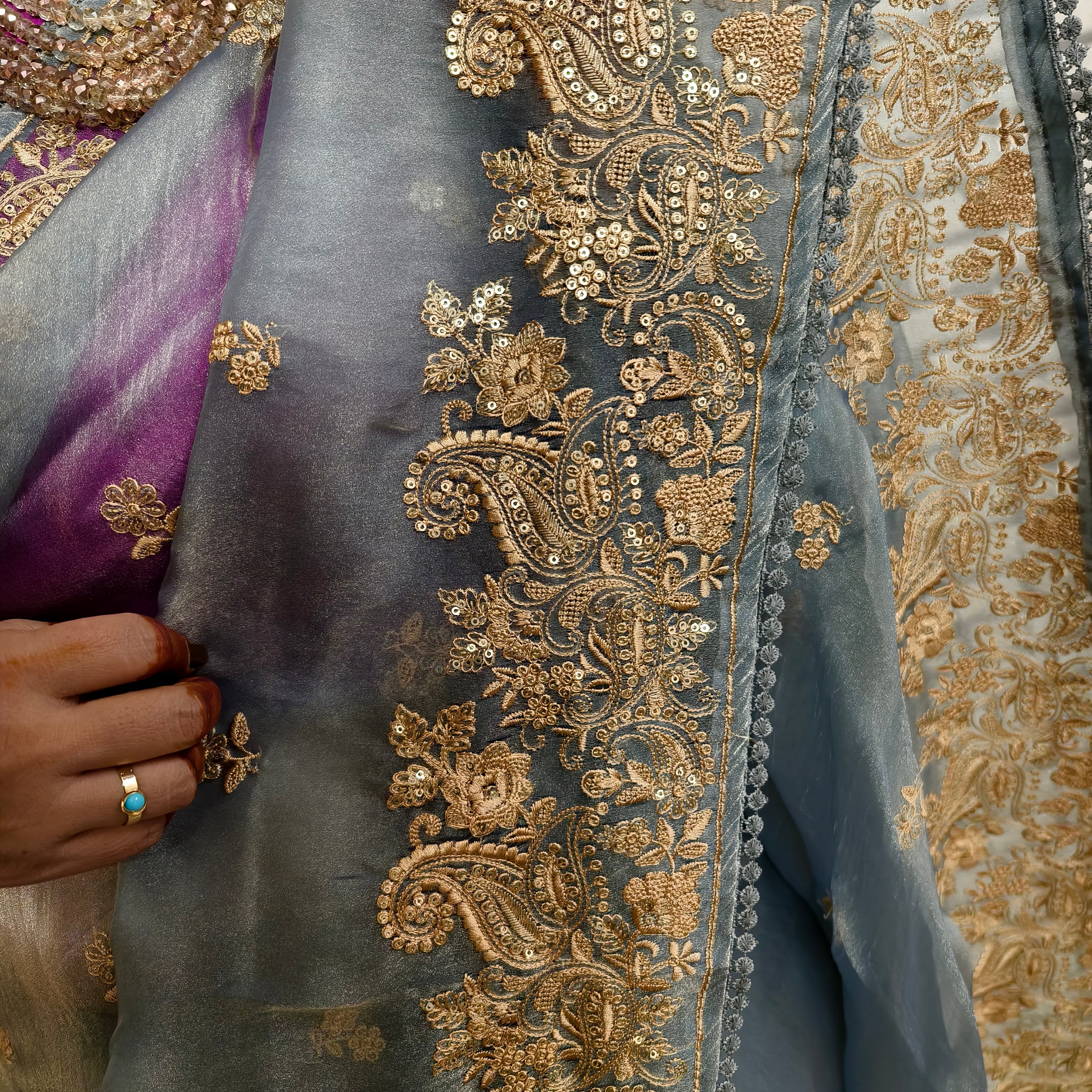 Grey Glass Tissue Organza Saree