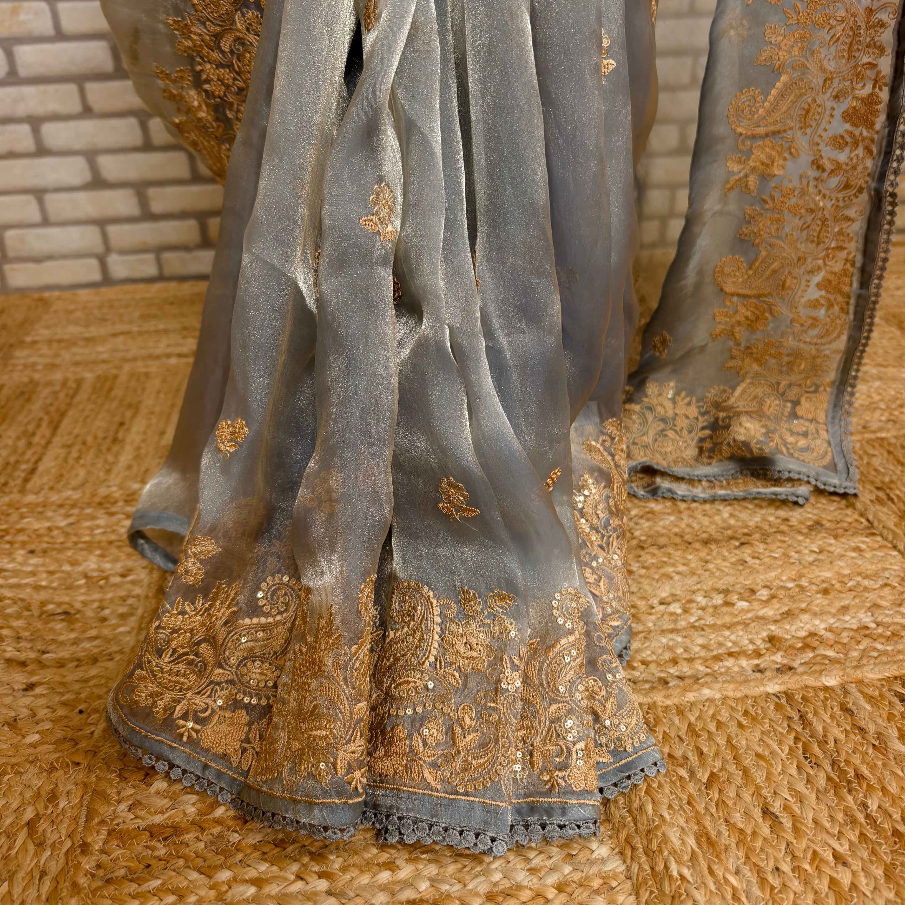 Grey Glass Tissue Organza Saree