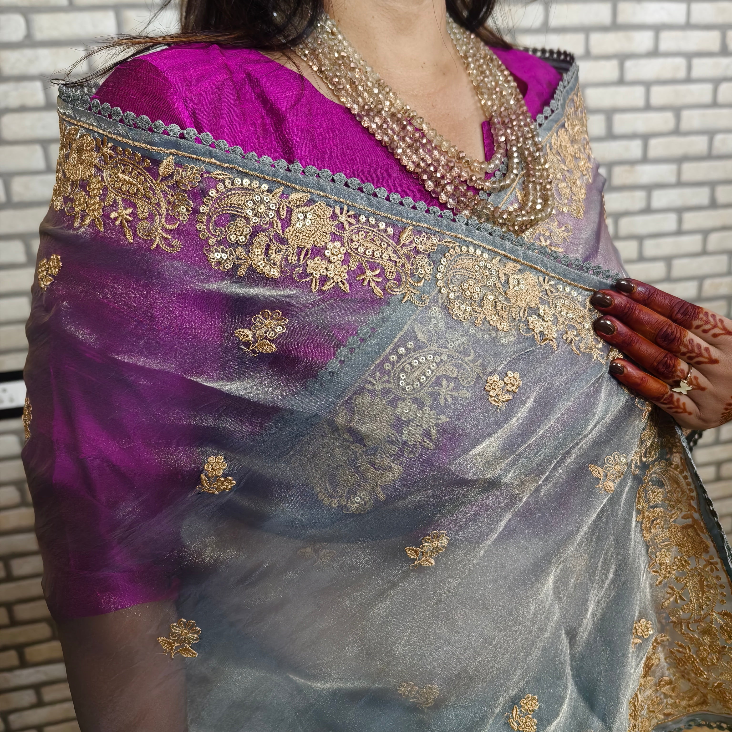 Grey Glass Tissue Organza Saree