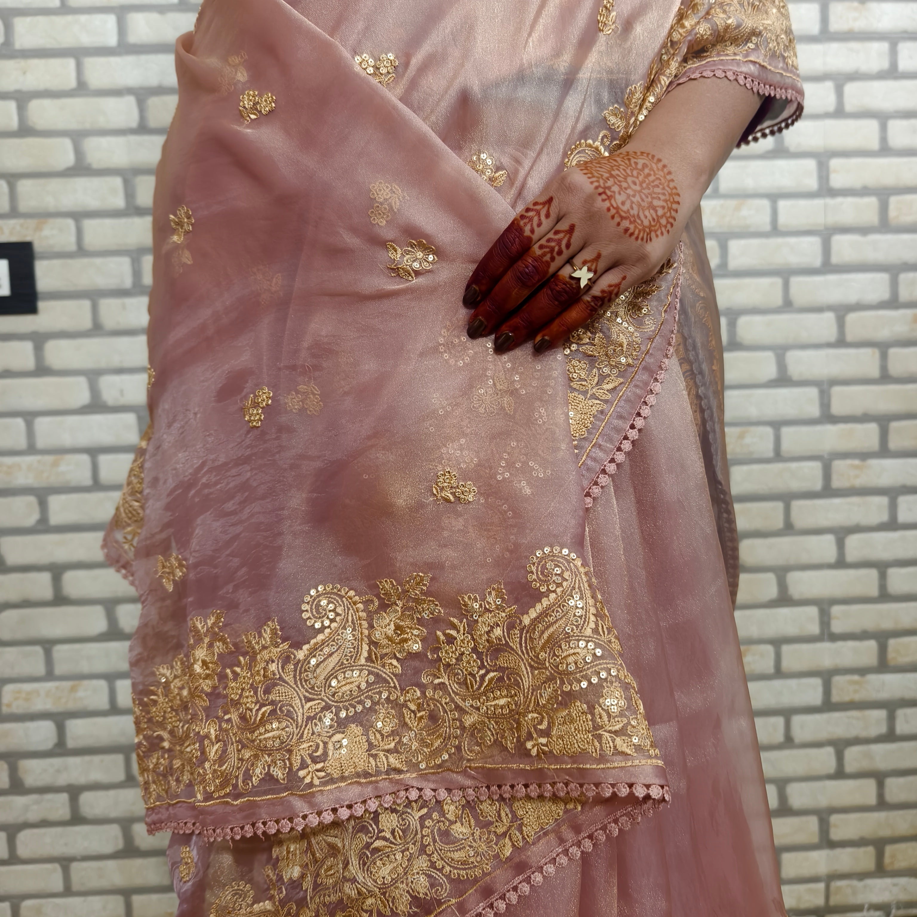 Peach Glass Tissue Organza Saree