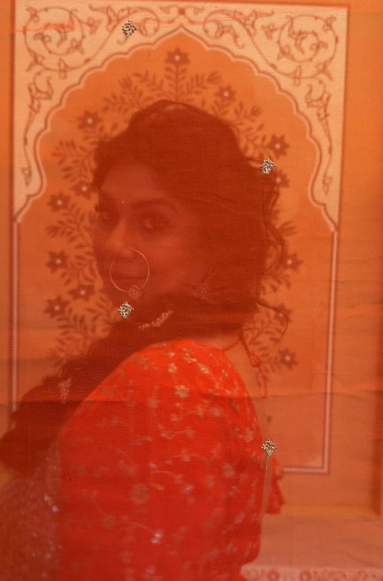 Orange modal silk with gold embroidery ghagra/choli with mirror lace and georgette dupatta