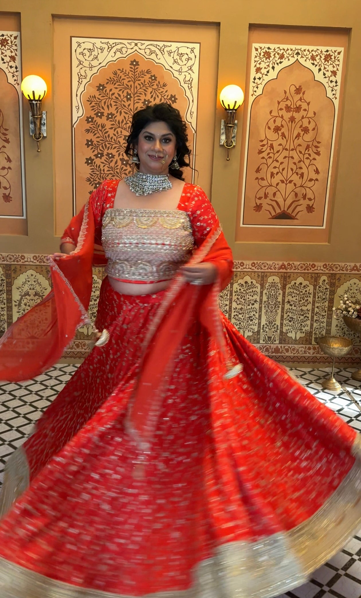 Orange modal silk with gold embroidery ghagra/choli with mirror lace and georgette dupatta