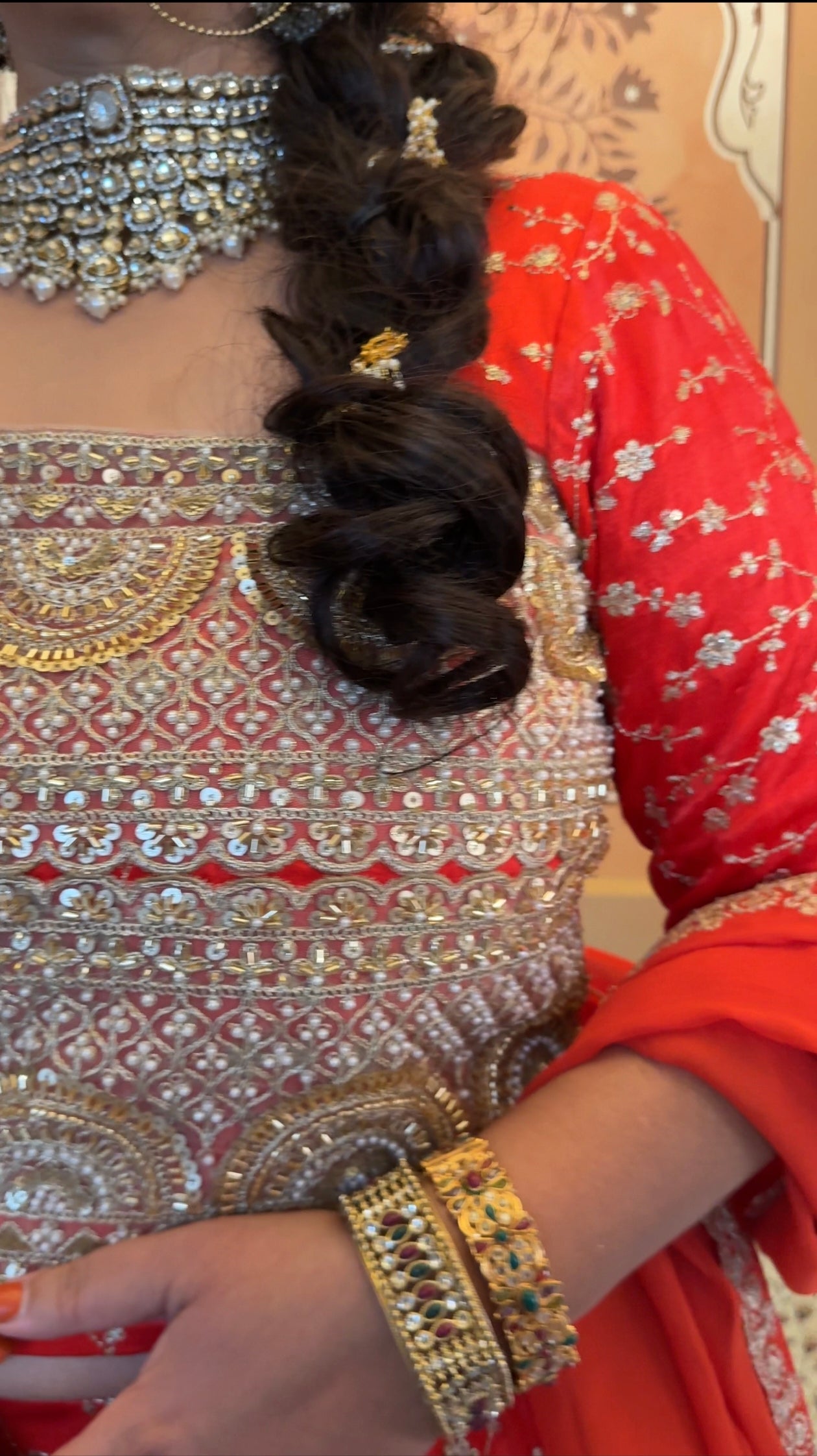 Orange modal silk with gold embroidery ghagra/choli with mirror lace and georgette dupatta