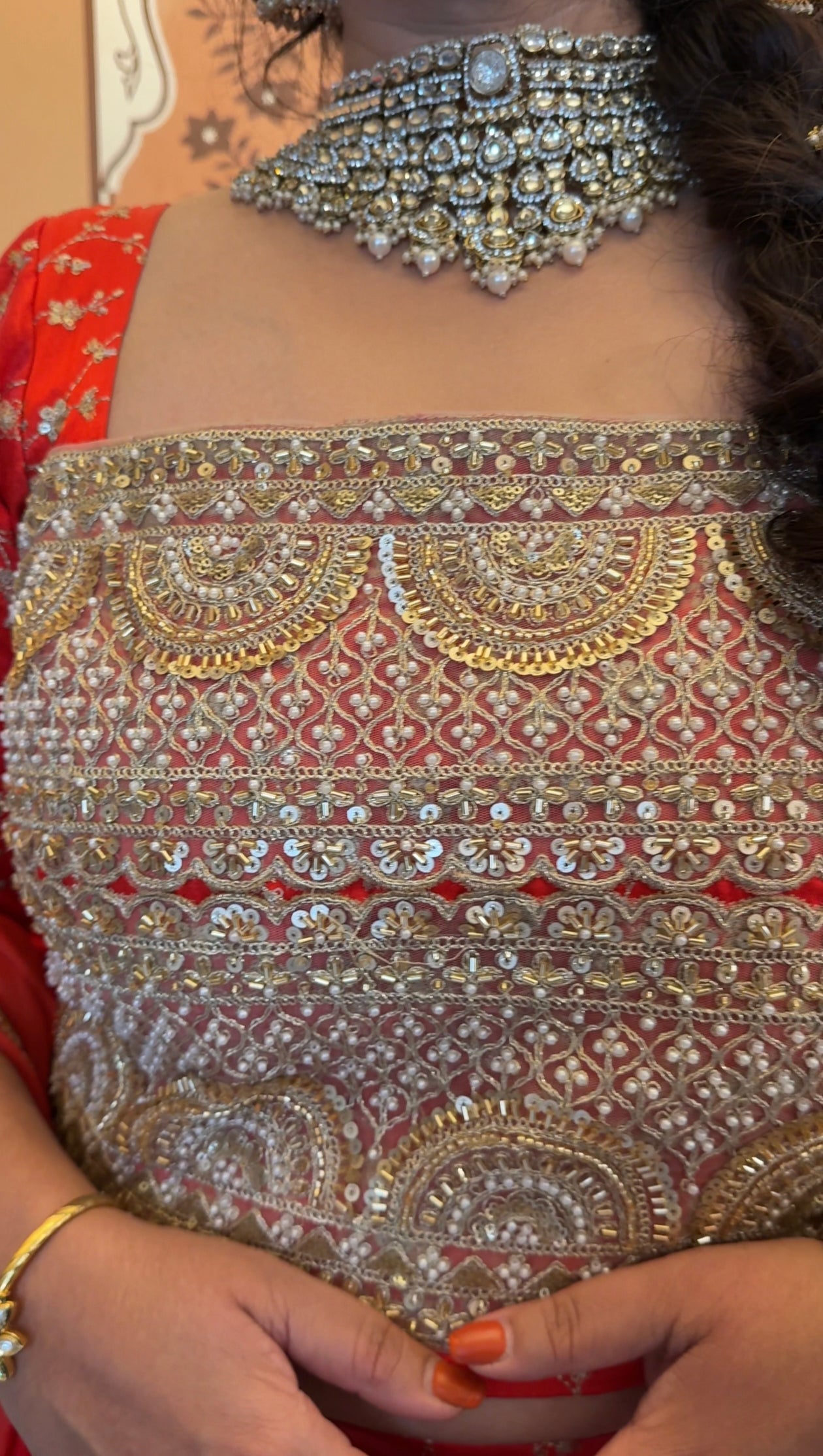 Orange modal silk with gold embroidery ghagra/choli with mirror lace and georgette dupatta