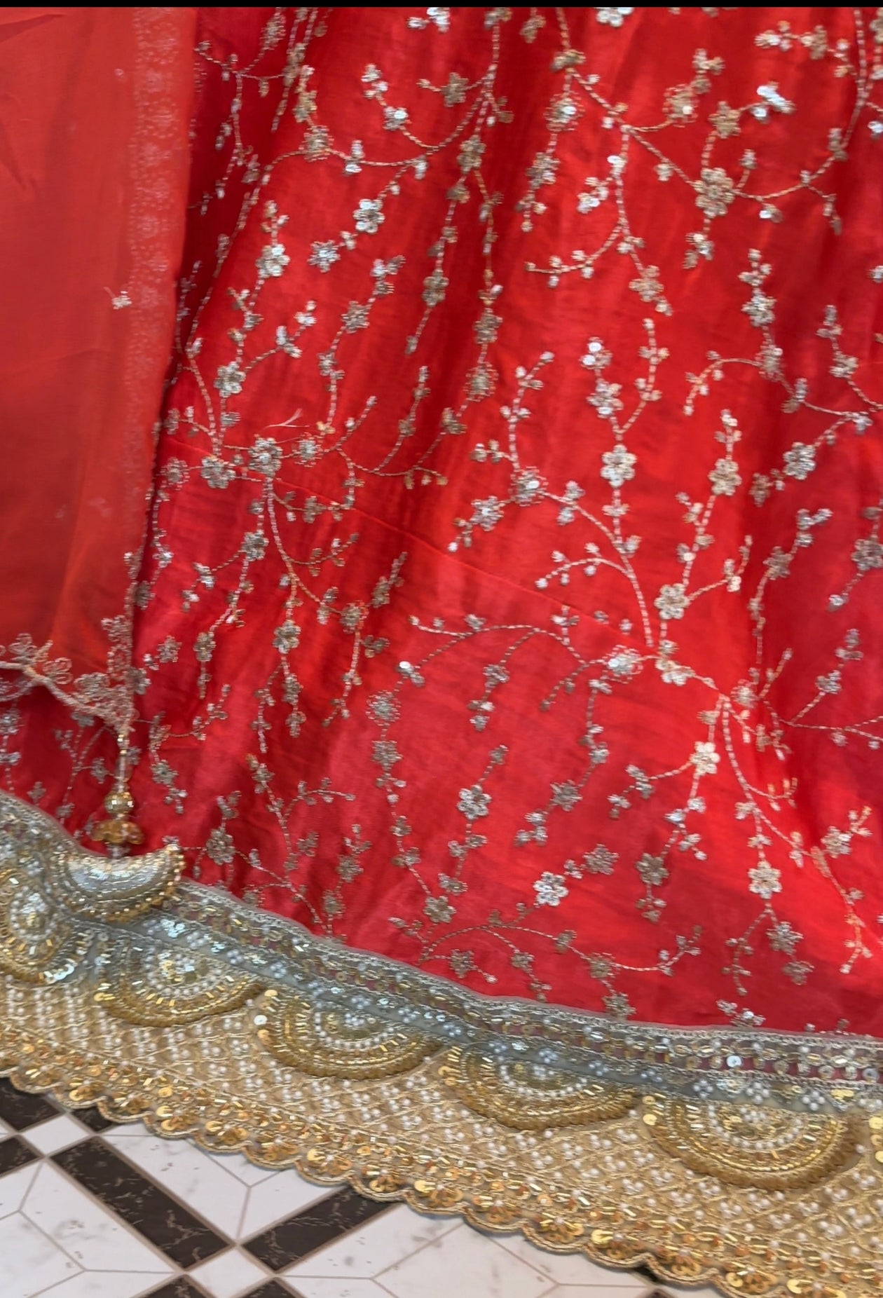 Orange modal silk with gold embroidery ghagra/choli with mirror lace and georgette dupatta