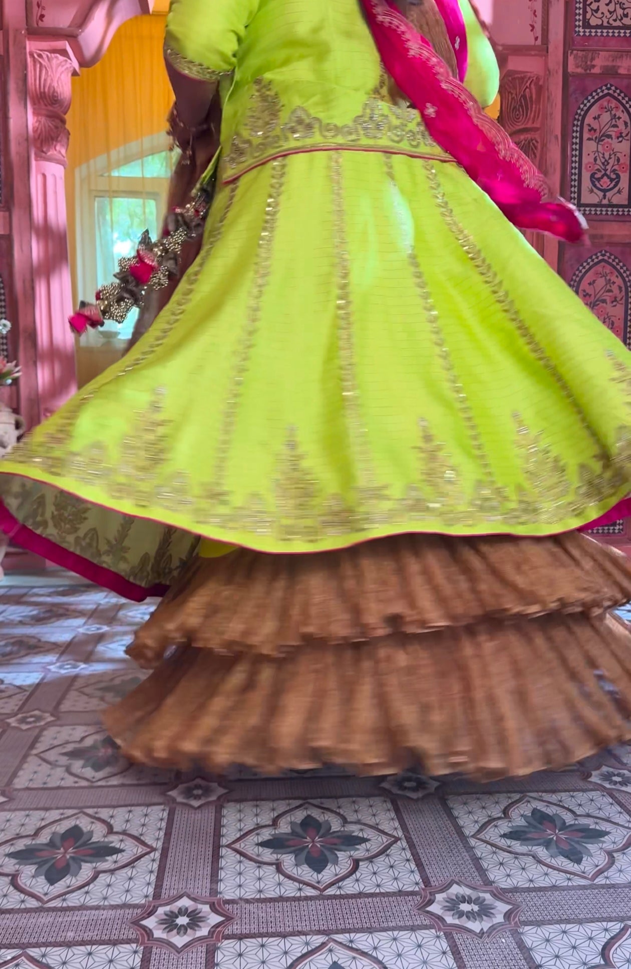 Checkered Green Khadi Silk Ghagra Choli