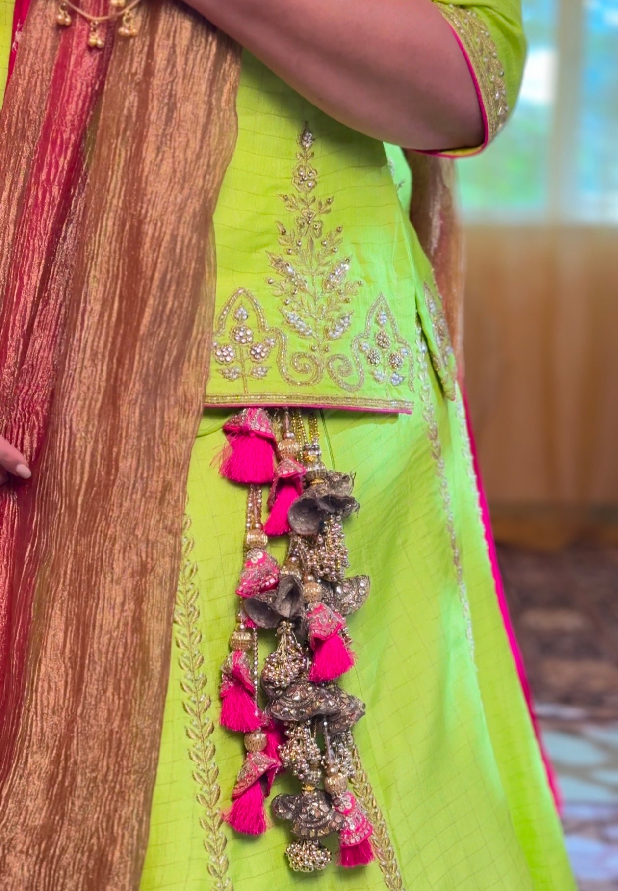 Checkered Green Khadi Silk Ghagra Choli