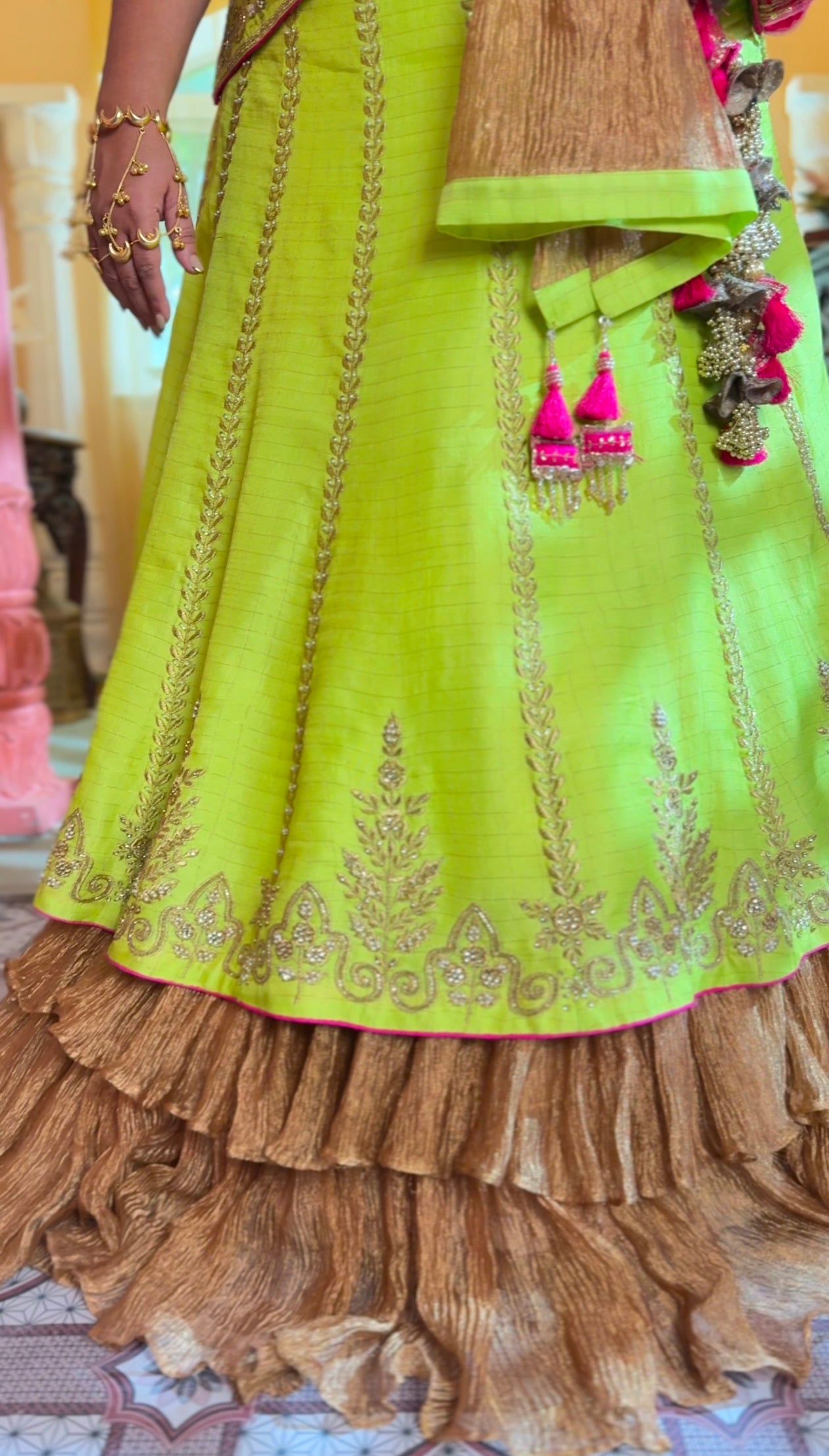 Checkered Green Khadi Silk Ghagra Choli