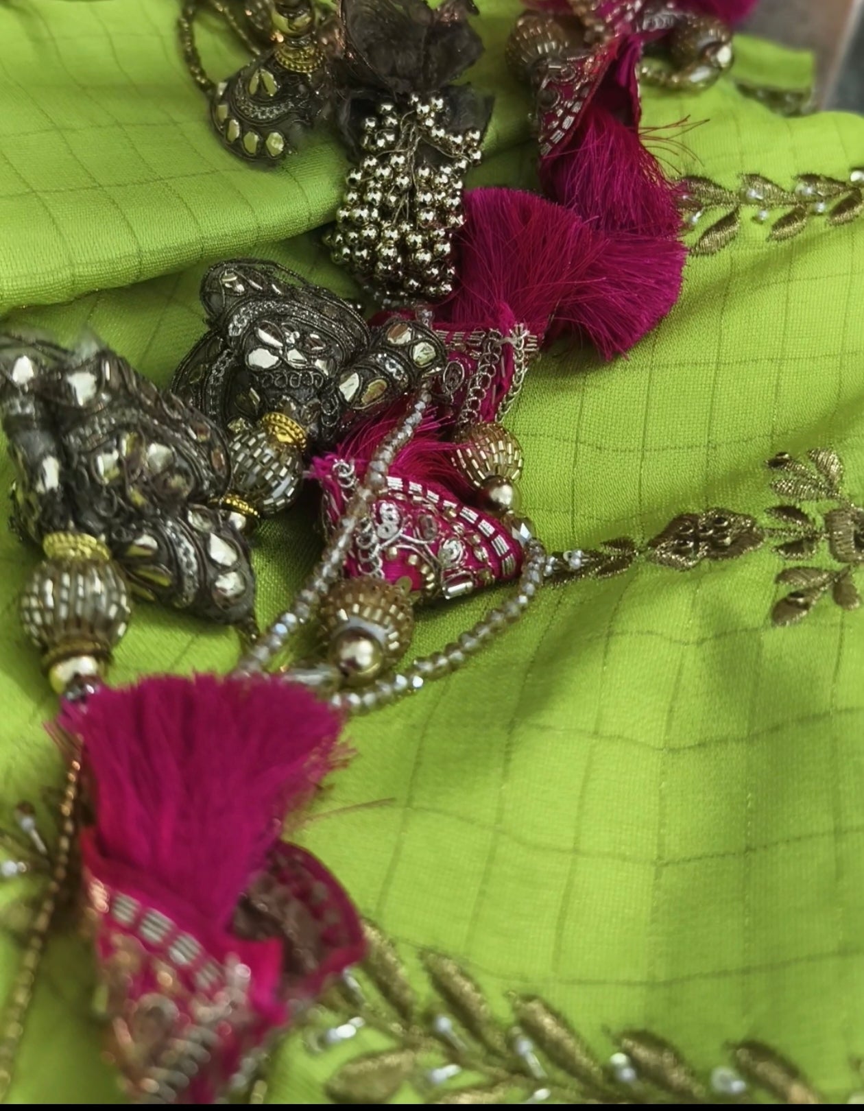 Checkered Green Khadi Silk Ghagra Choli