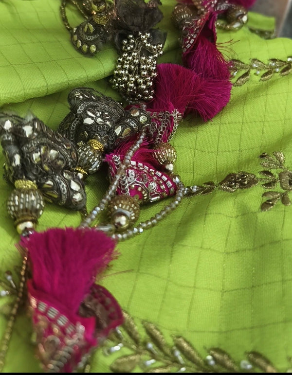 Checkered Green Khadi Silk Ghagra Choli
