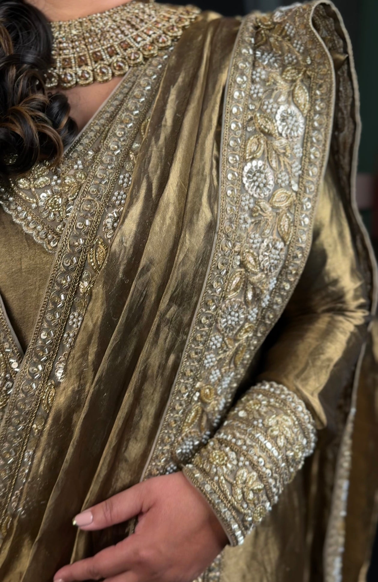 Antique silk tissue kurta dhoti suit with a wrap around saree