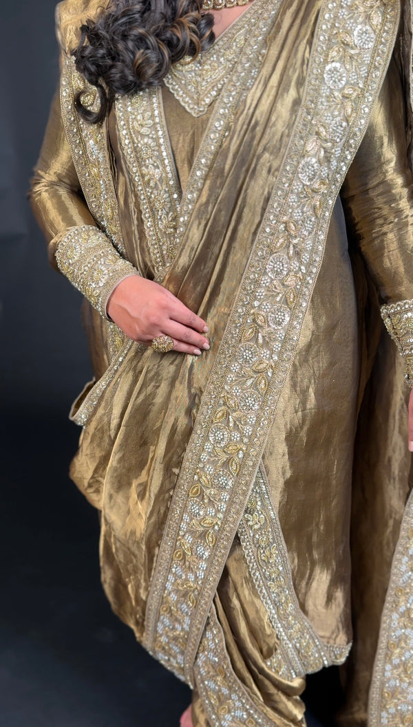 Antique silk tissue kurta dhoti suit with a wrap around saree
