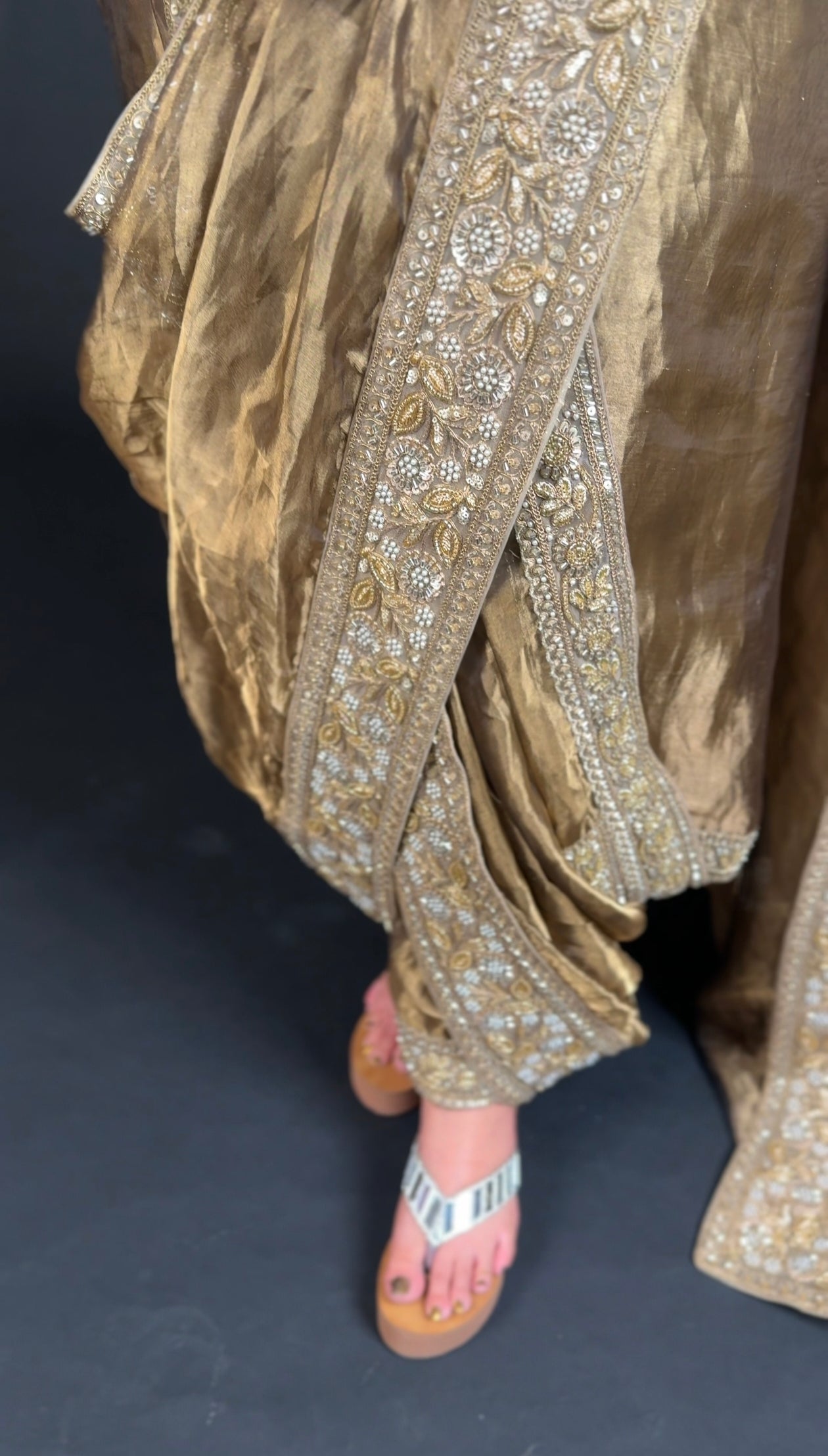 Antique silk tissue kurta dhoti suit with a wrap around saree