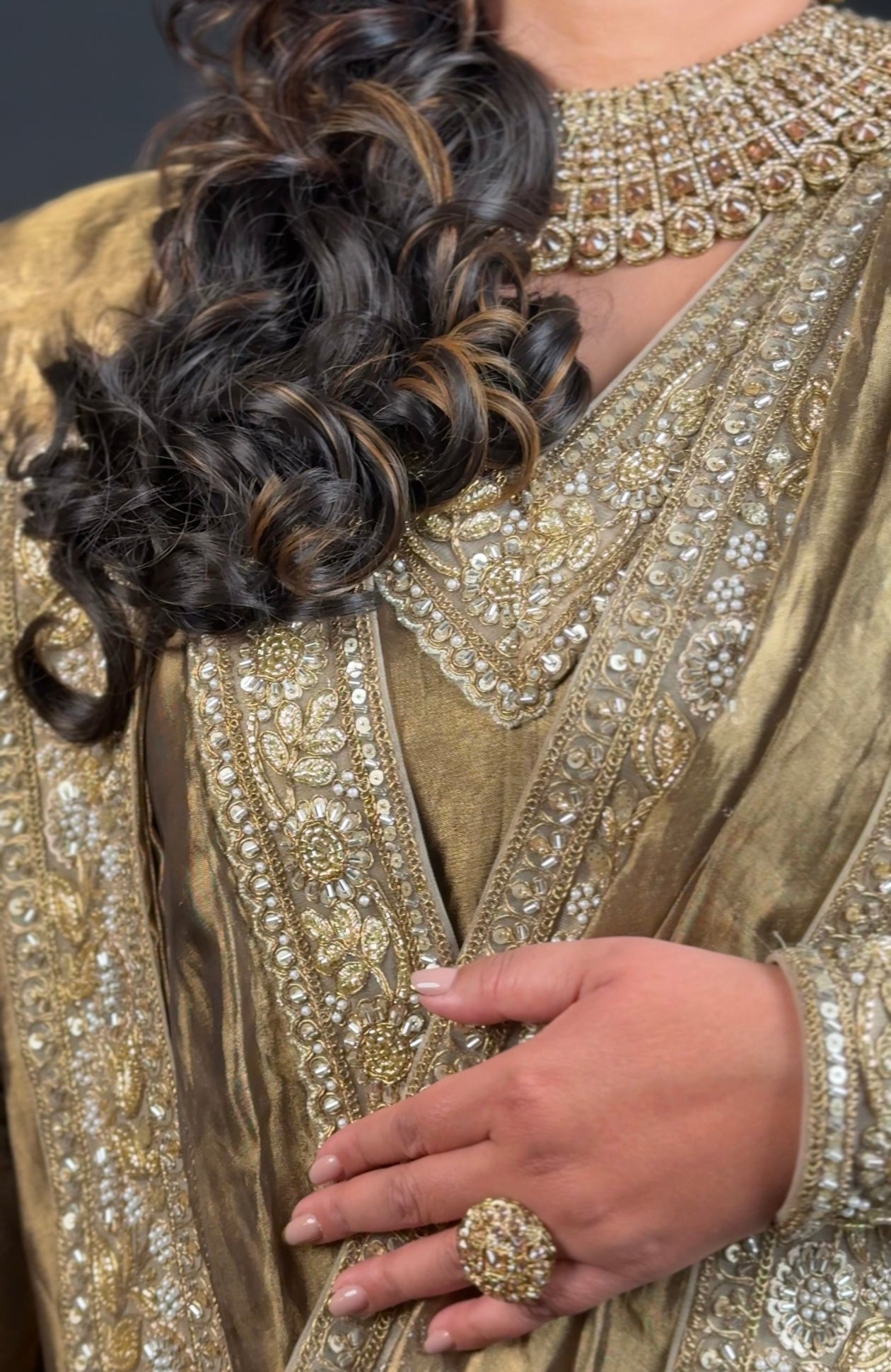 Antique silk tissue kurta dhoti suit with a wrap around saree