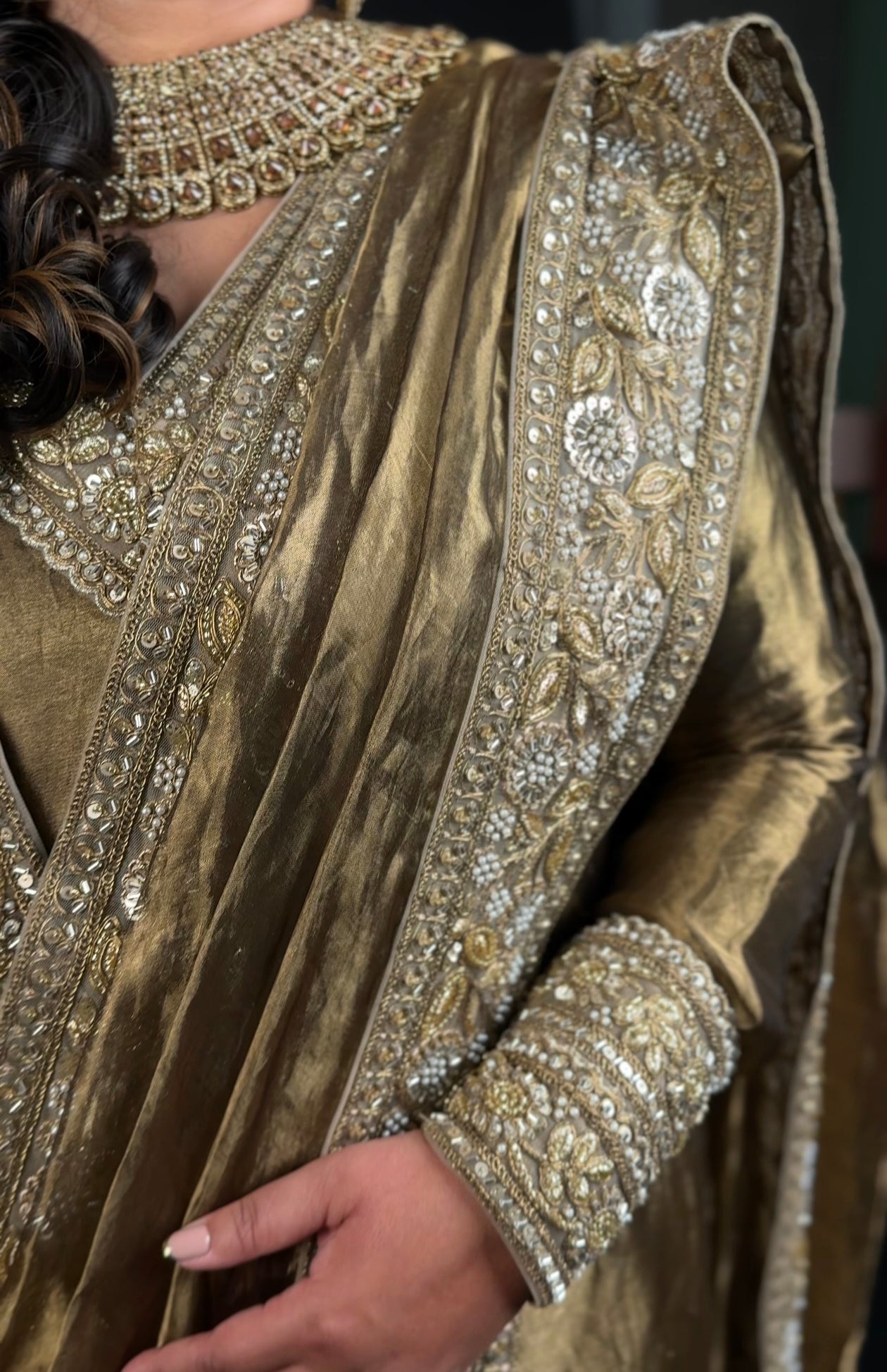 Antique silk tissue kurta dhoti suit with a wrap around saree