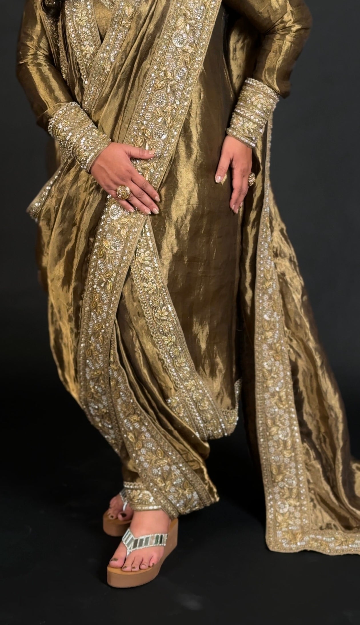 Antique silk tissue kurta dhoti suit with a wrap around saree