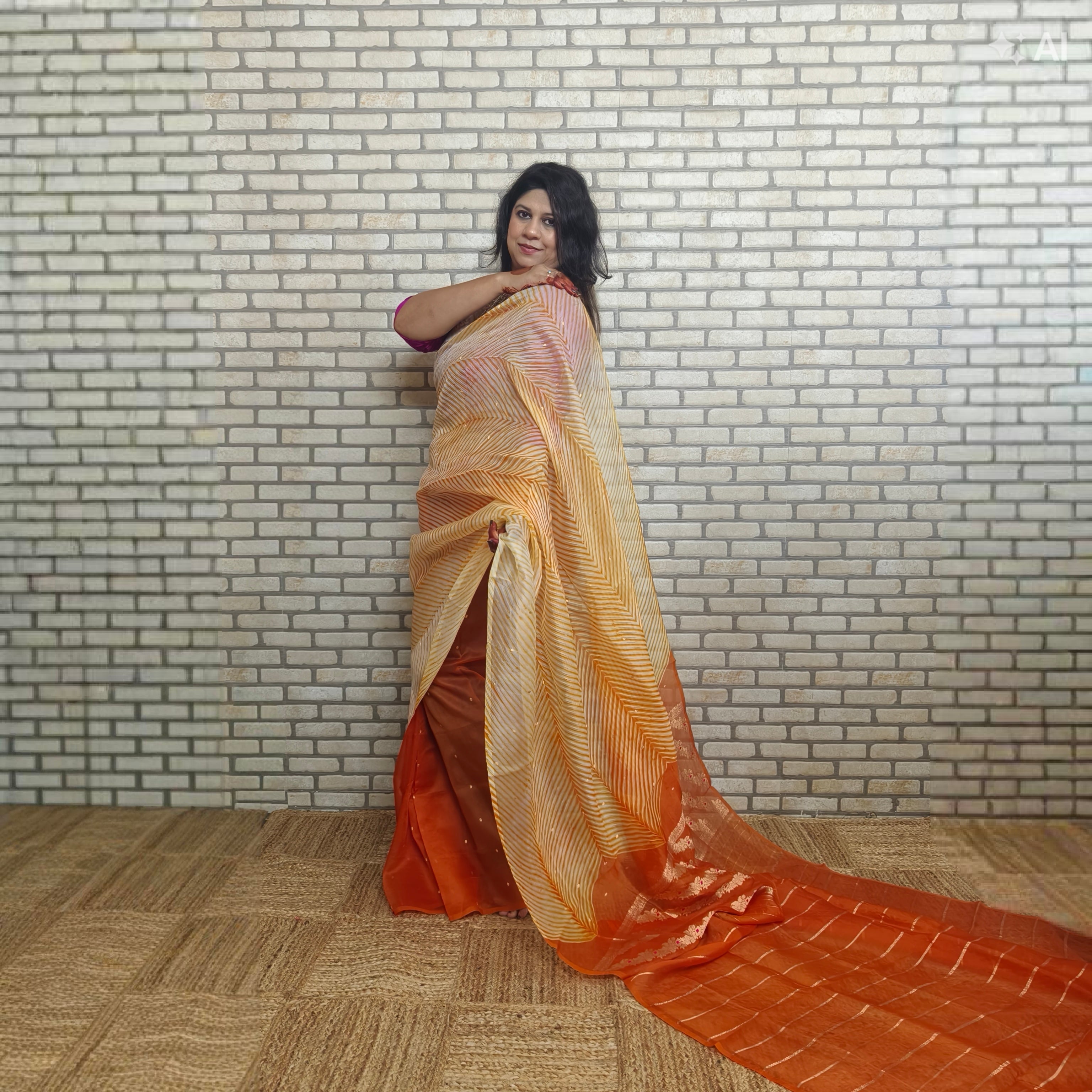 Beige Orange Arasi Dyed Silk Golden Butti Organza Saree