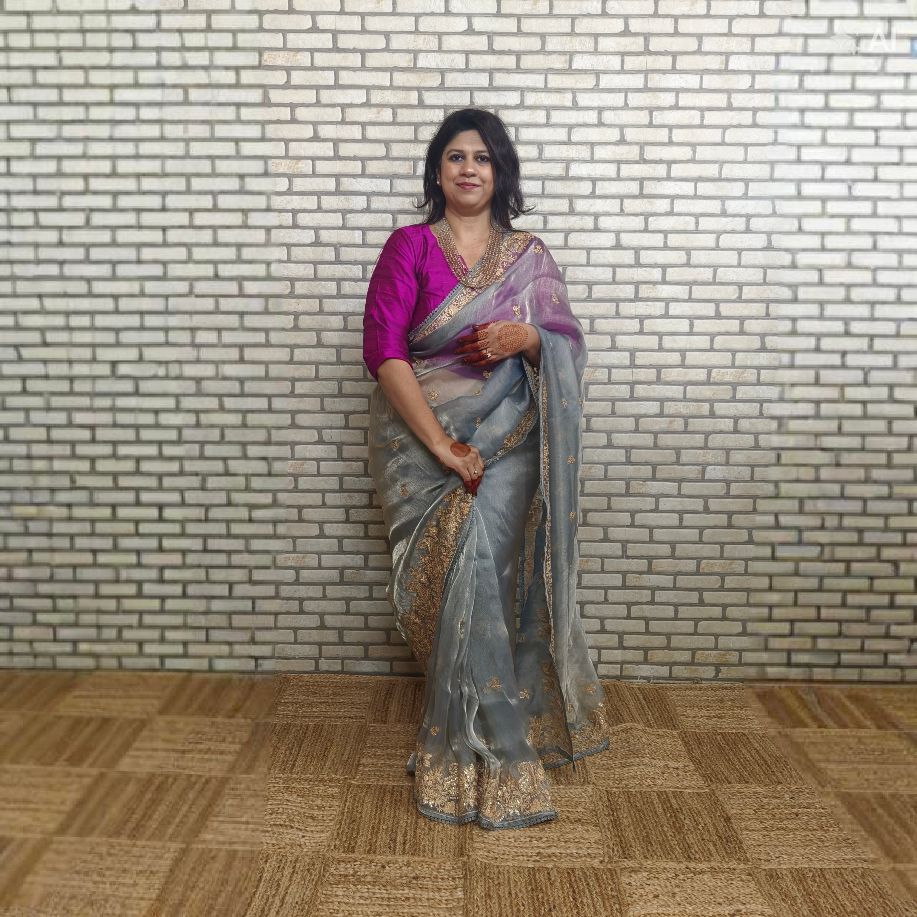 Grey Glass Tissue Organza Saree