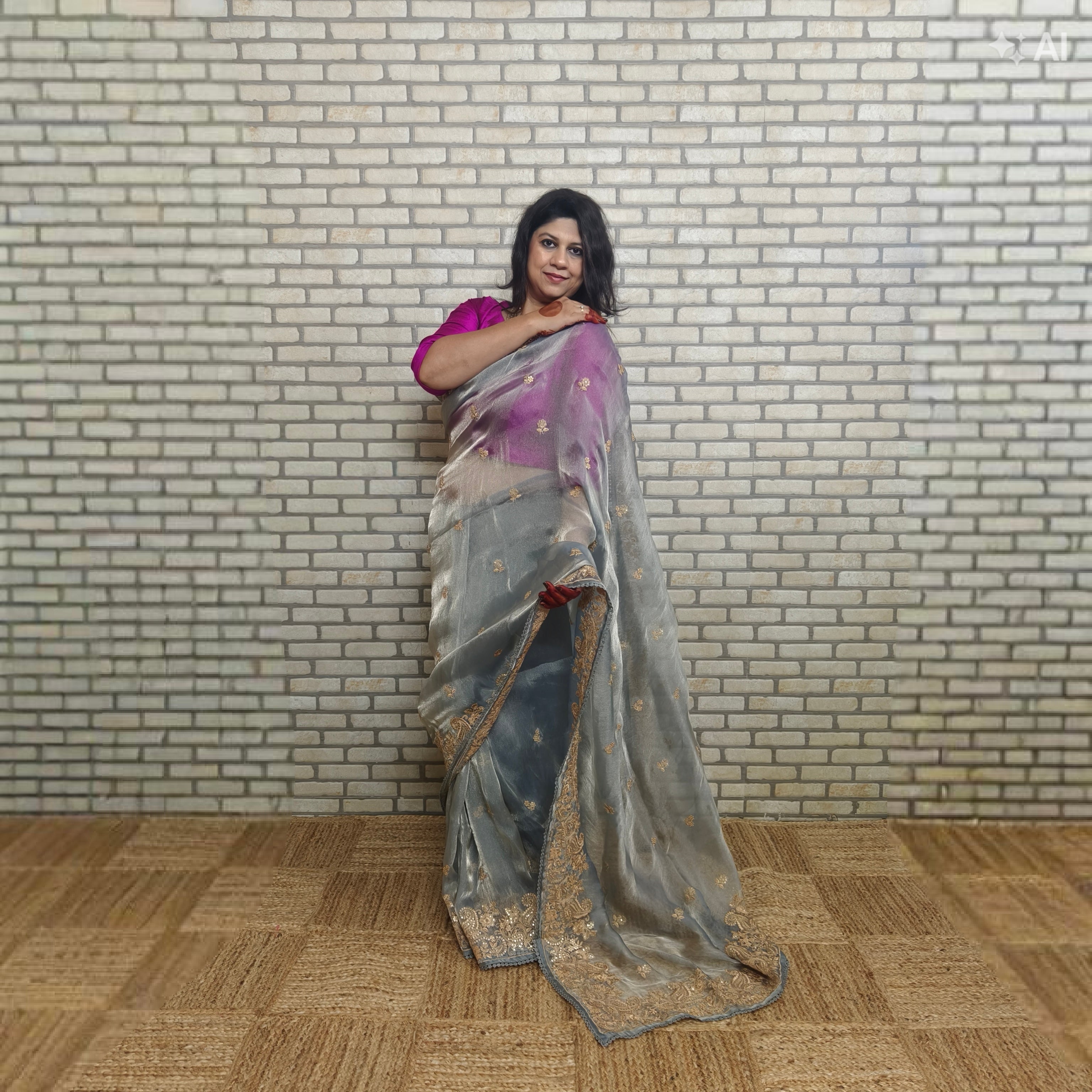 Grey Glass Tissue Organza Saree