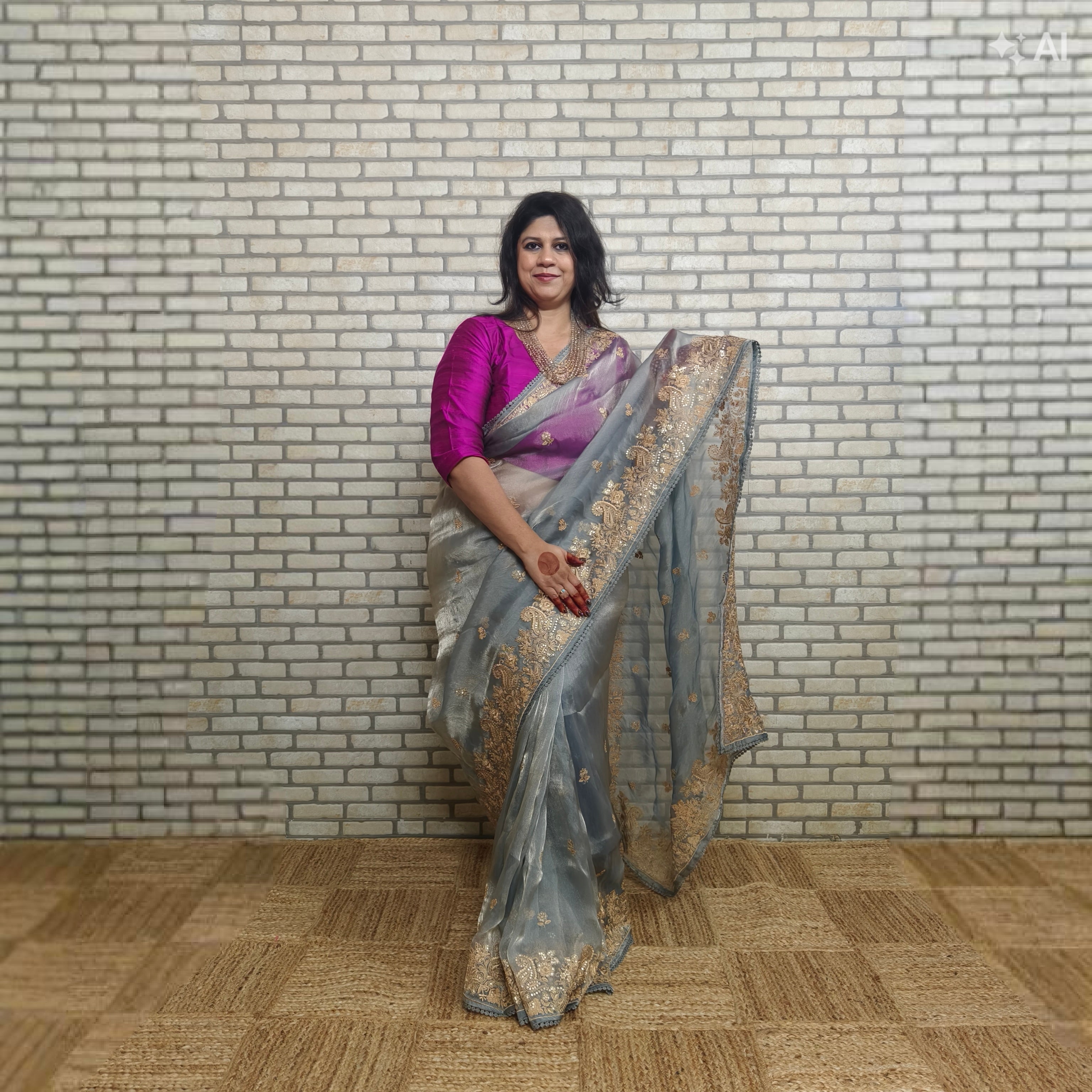 Grey Glass Tissue Organza Saree