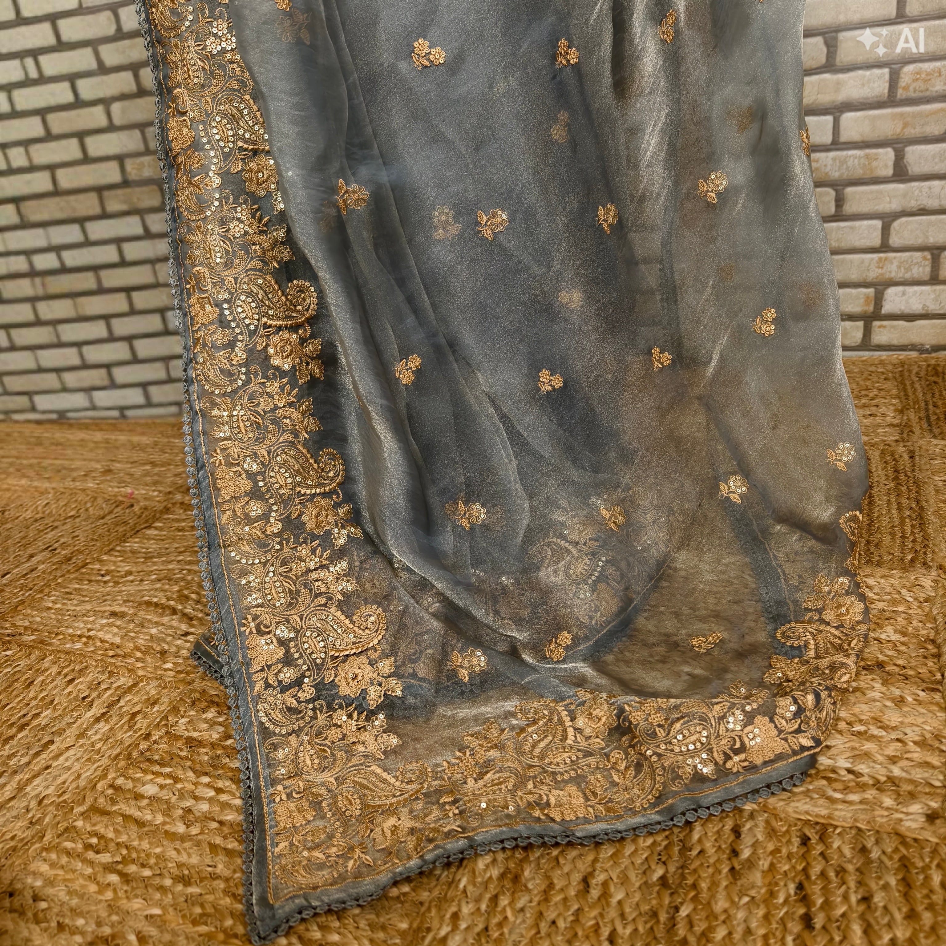 Grey Glass Tissue Organza Saree