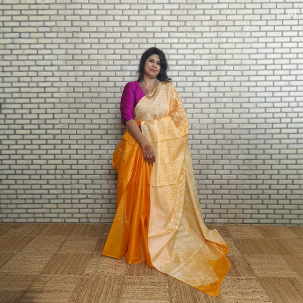 Beige Orange Silk Organza Arasi Dye Saree