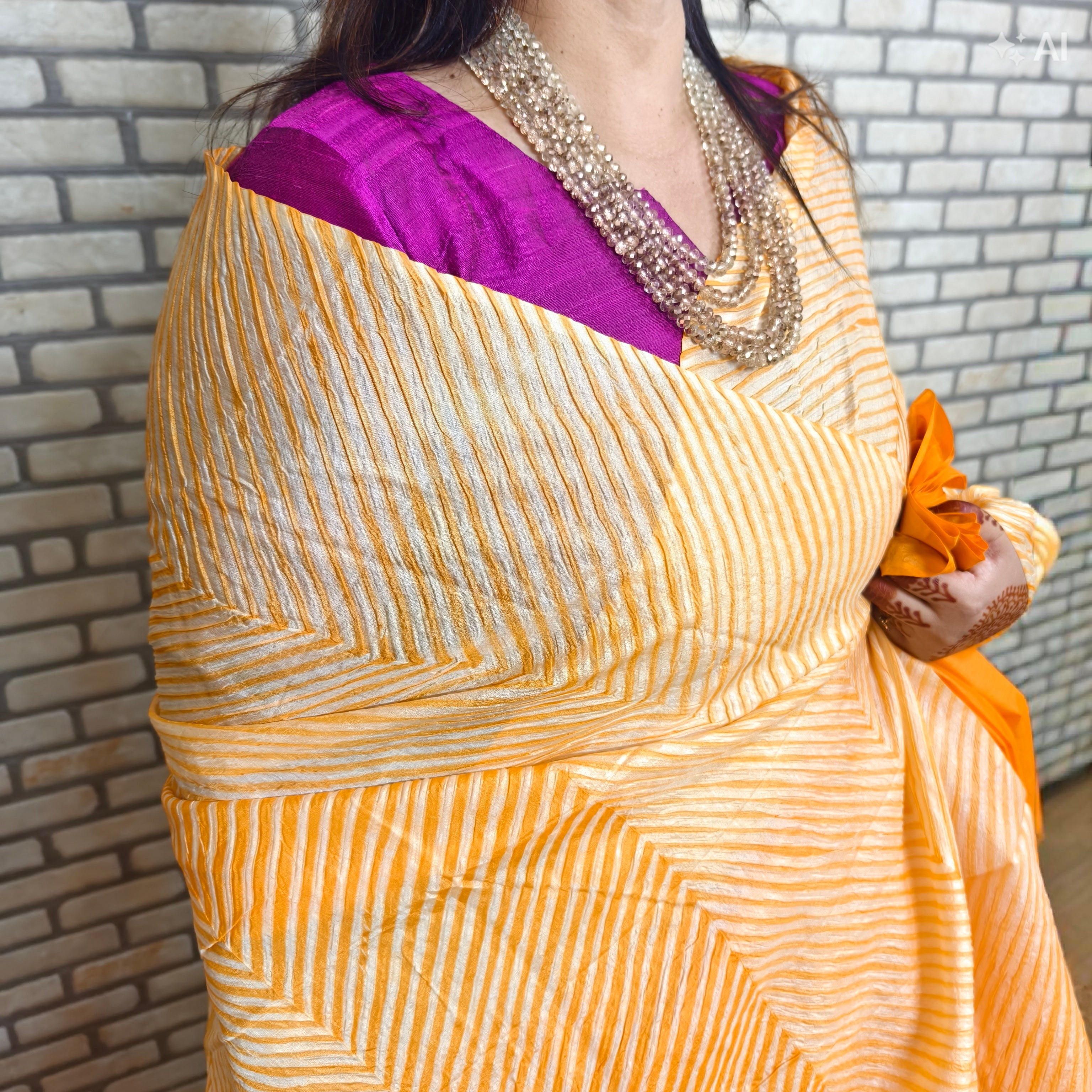 Beige Orange Silk Organza Arasi Dye Saree
