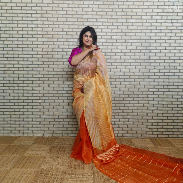 Beige Orange Arasi Dyed Silk Golden Butti Organza Saree