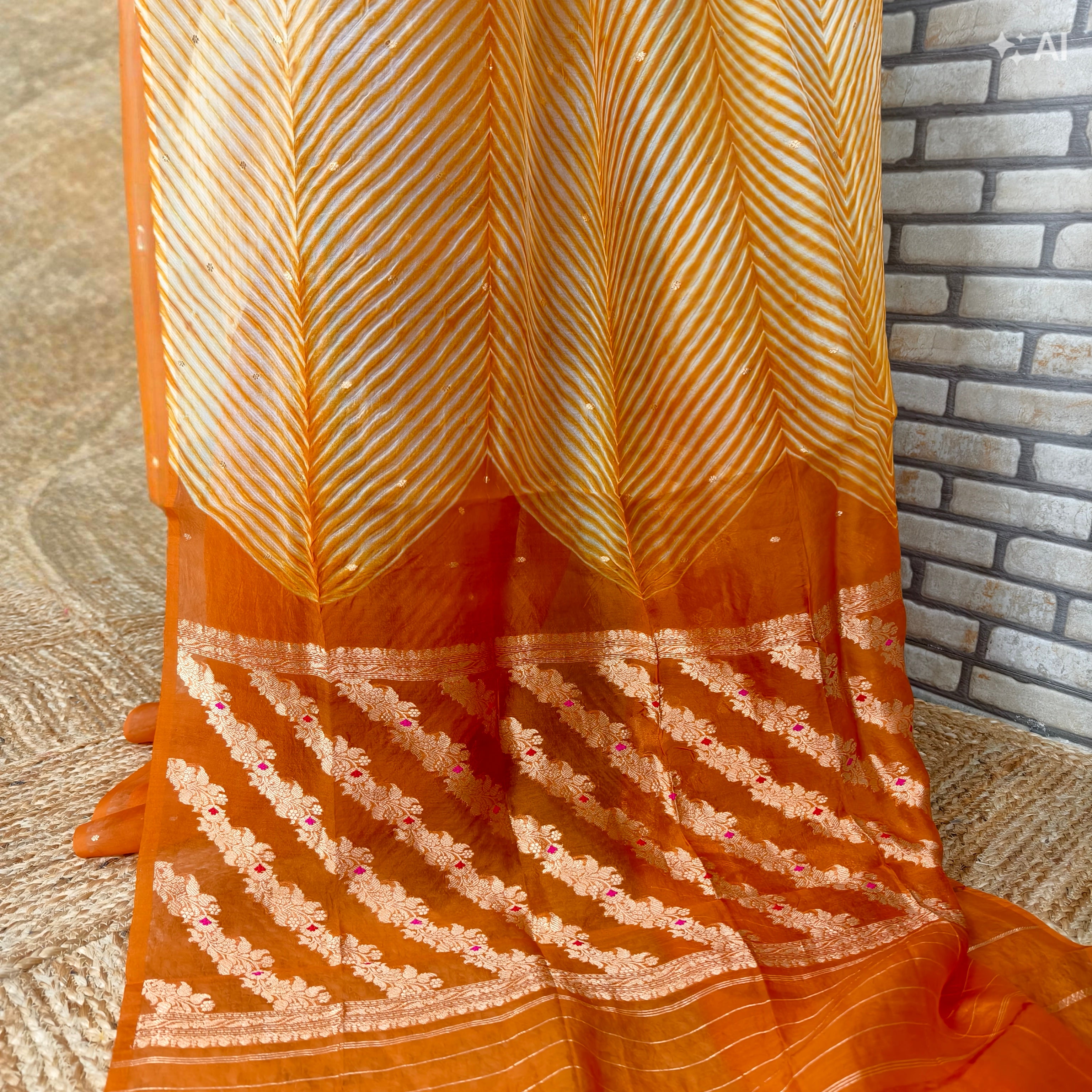 Beige Orange Arasi Dyed Silk Golden Butti Organza Saree