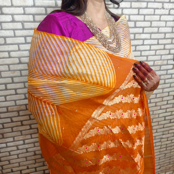 Beige Orange Arasi Dyed Silk Golden Butti Organza Saree