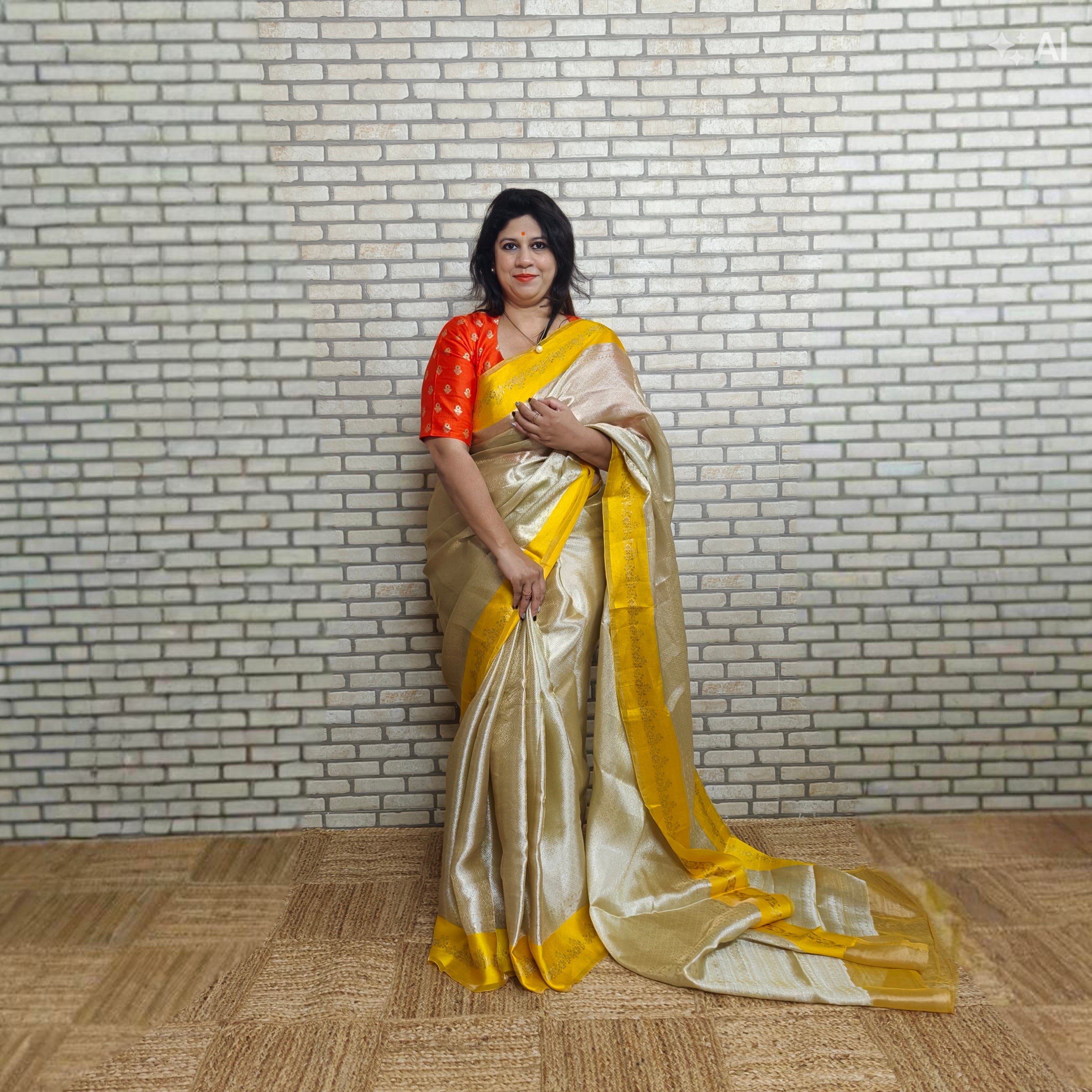 Beige Silver Silk Tissue Saree