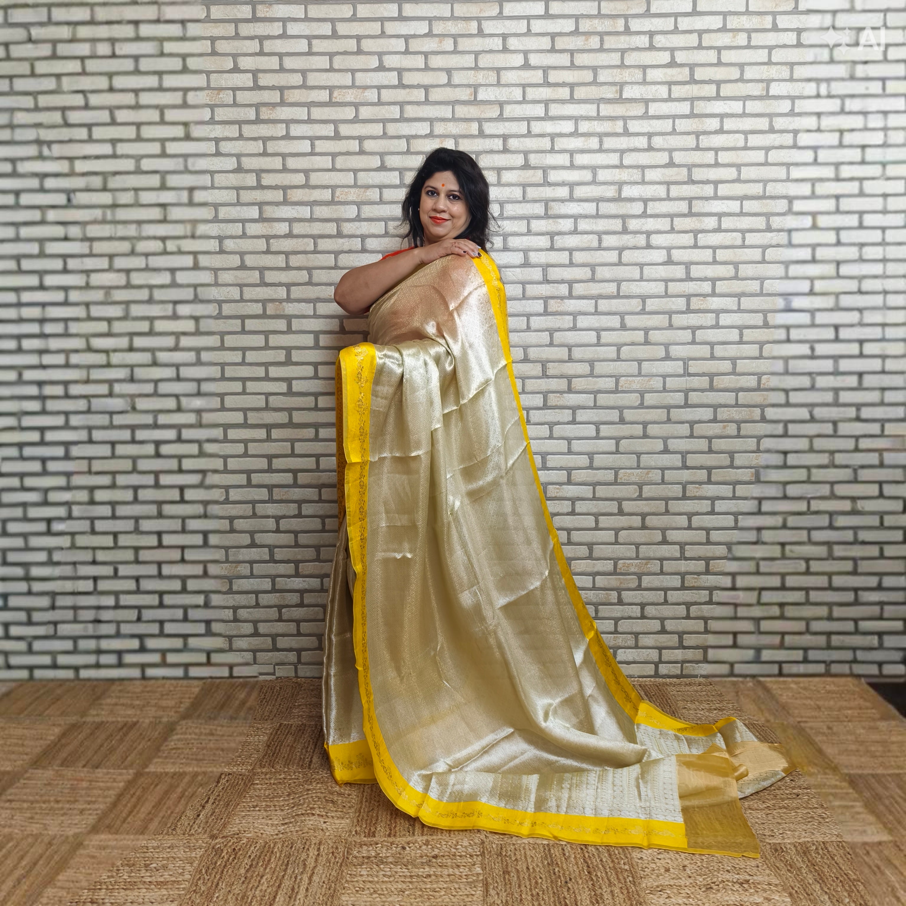 Beige Silver Silk Tissue Saree