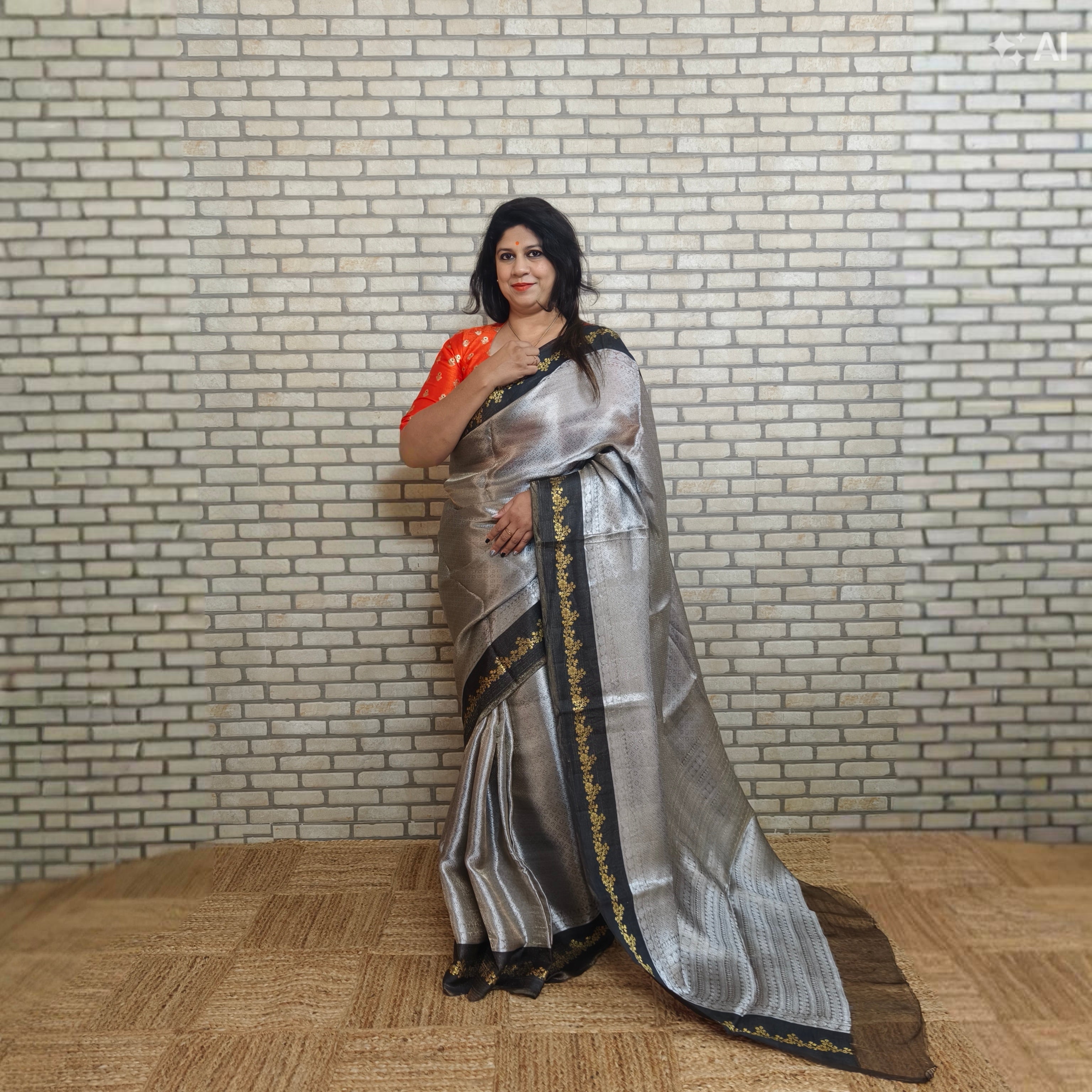 Silver Grey Silk Tissue Saree