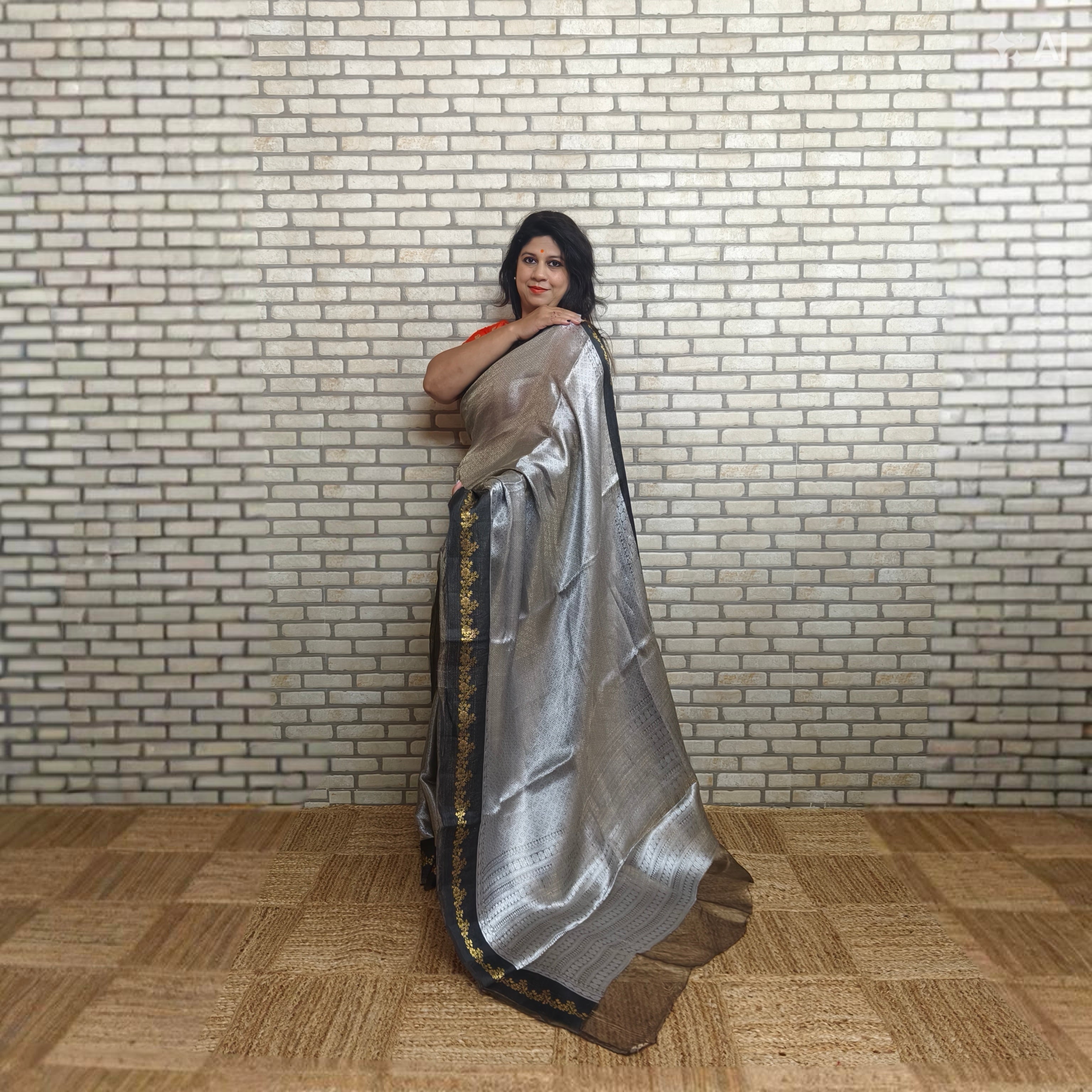 Silver Grey Silk Tissue Saree