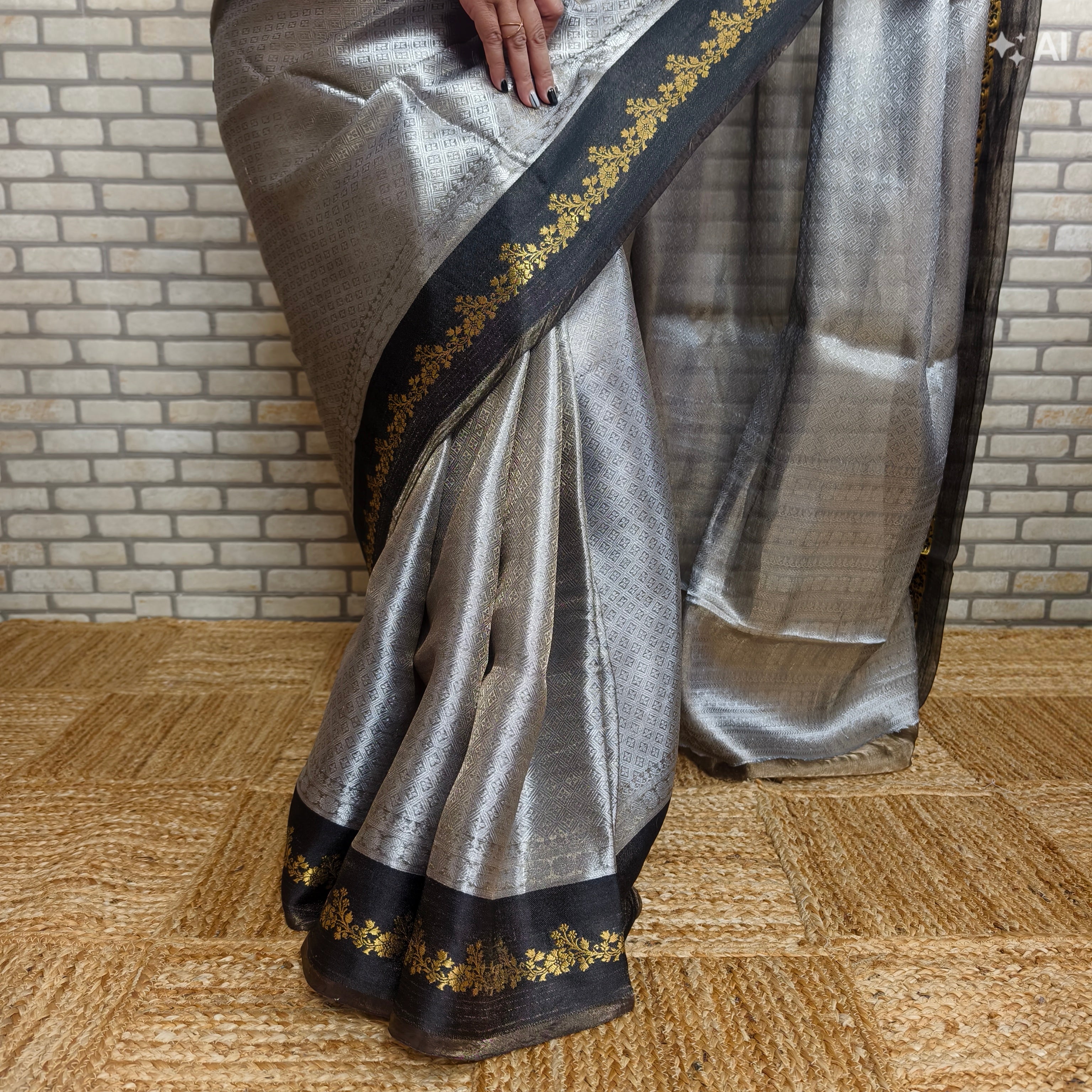 Silver Grey Silk Tissue Saree