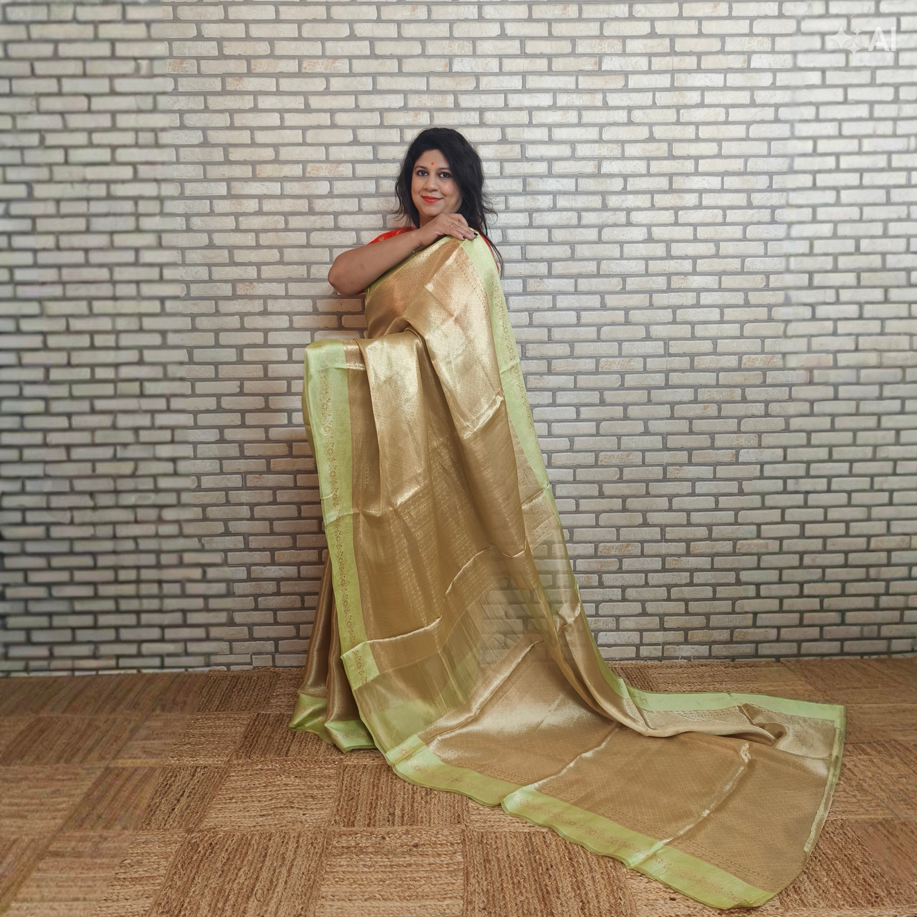 Beige Golden Silk Tissue Saree