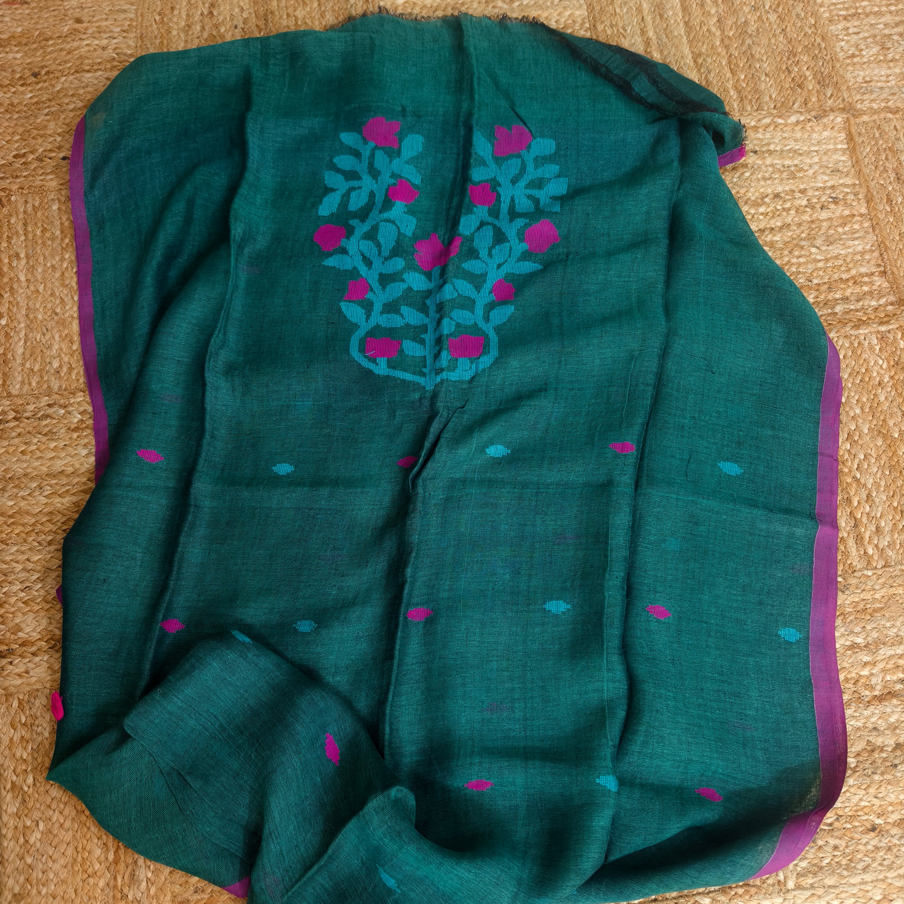 Emerald green cotton linen jamdani kurta dupatta set