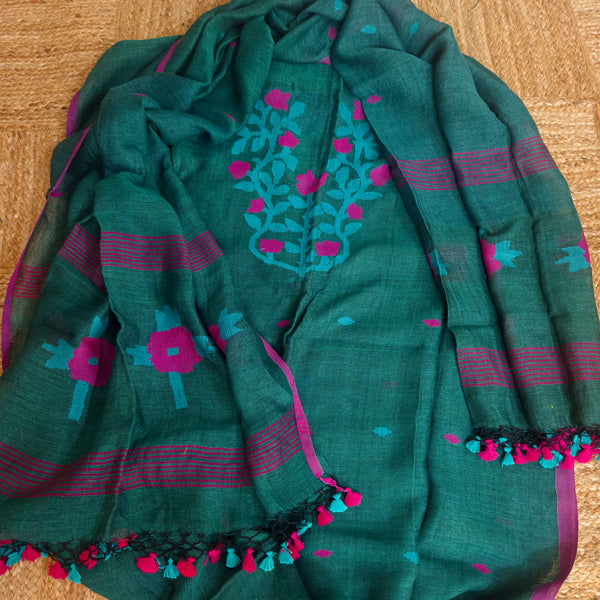 Emerald green cotton linen jamdani kurta dupatta set