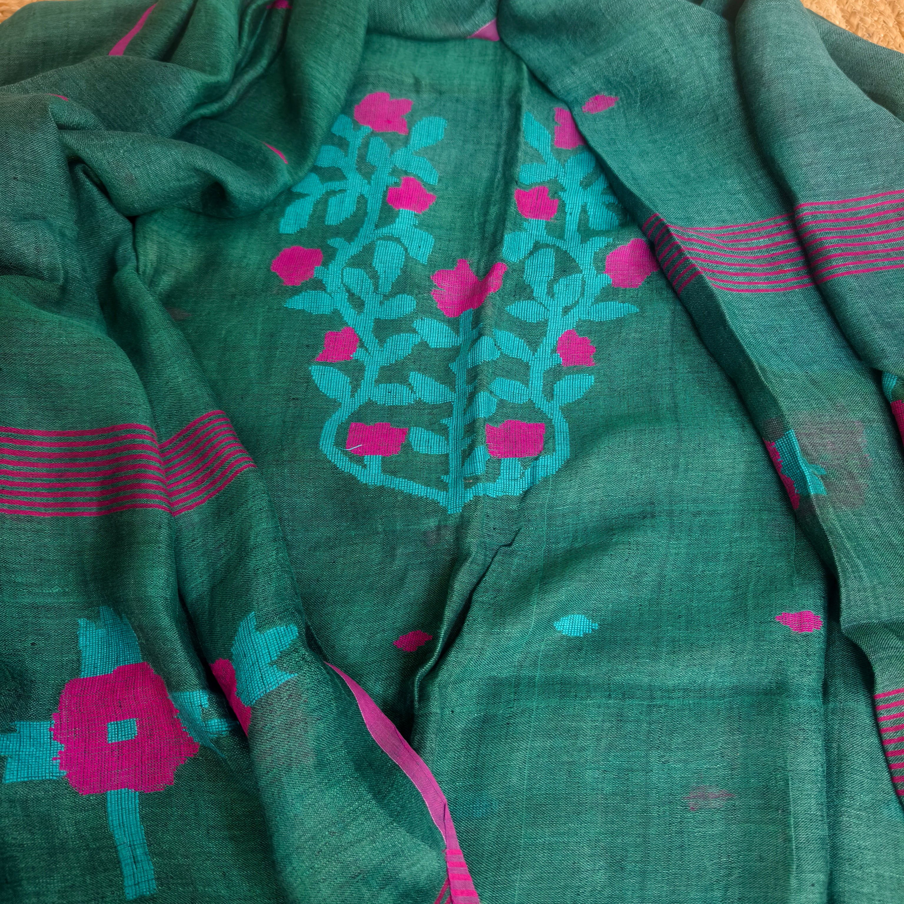 Emerald green cotton linen jamdani kurta dupatta set