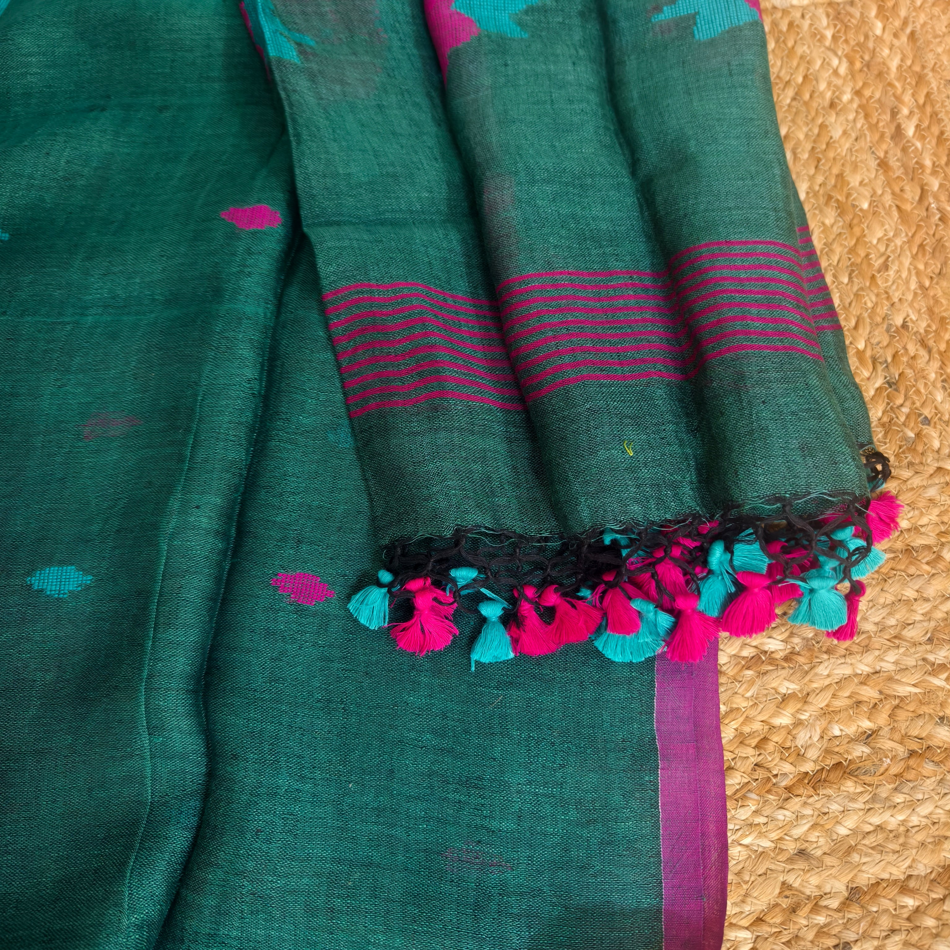 Emerald green cotton linen jamdani kurta dupatta set