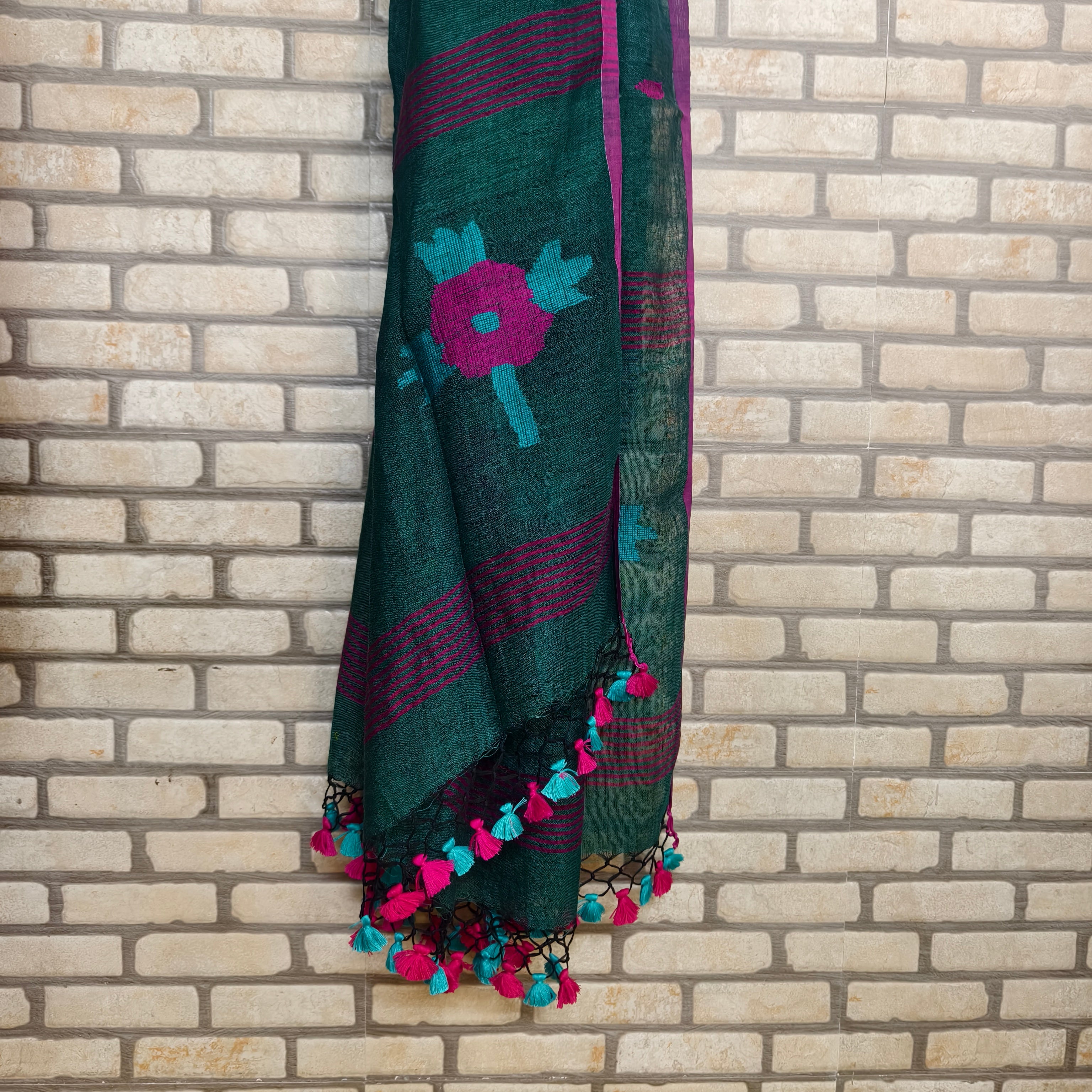 Emerald green cotton linen jamdani kurta dupatta set