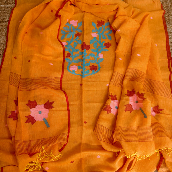 Orange Cotton Linen Kurta Dupatta set